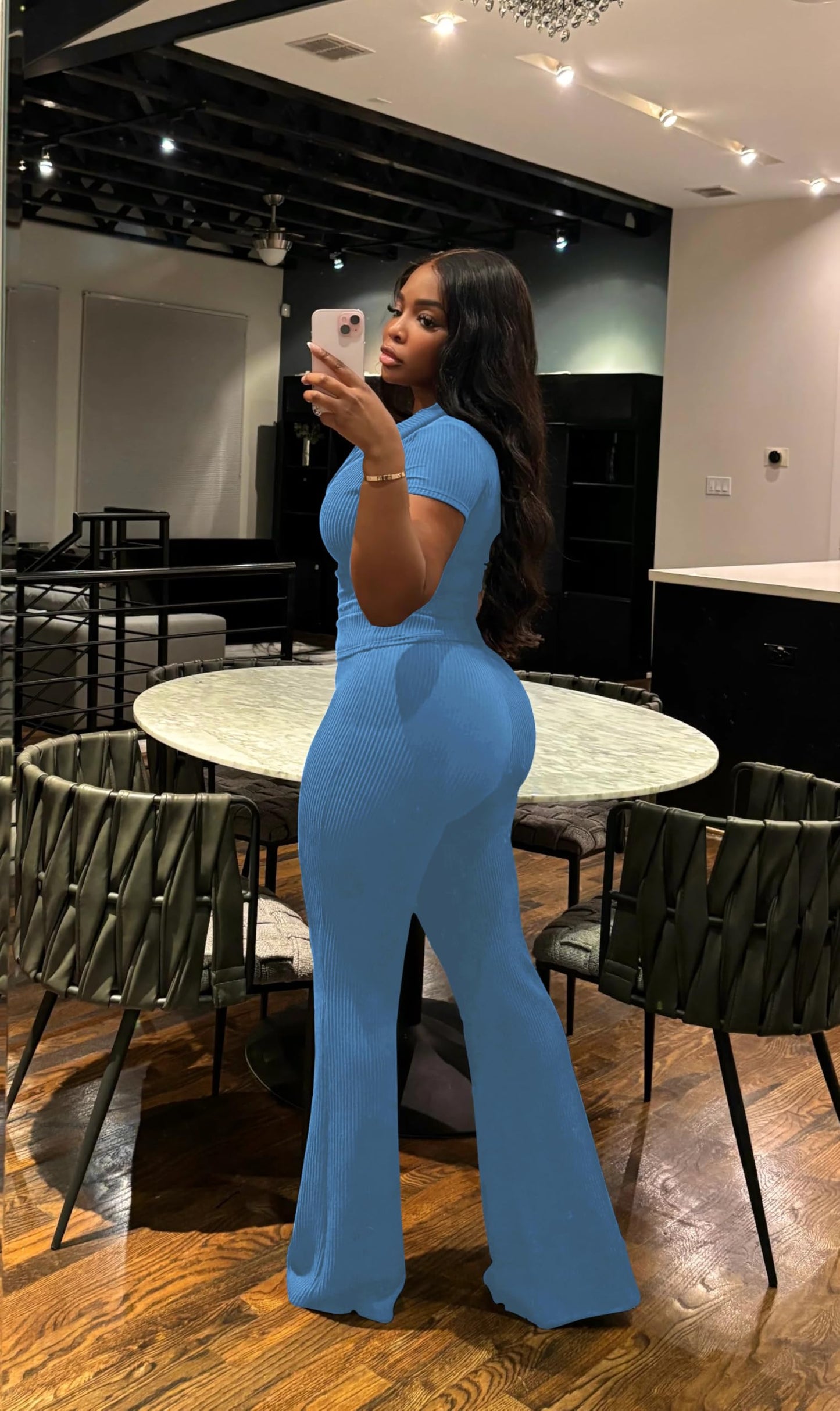 HBQ Women Two Piece Outfit Ribbed Short Sleeve V Neck Polo Top and Flare Pants Casual Lounge Sets Tracksuit