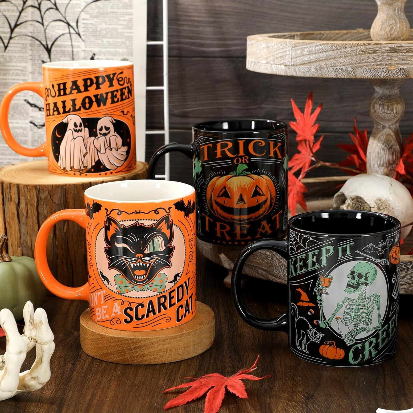 4Pcs Halloween Mugs Pumpkin Black Cat Ghost Skeleton Coffee Mug Orange Black Ceramic Drinking Cup for Halloween Party Table Centerpieces, 12oz