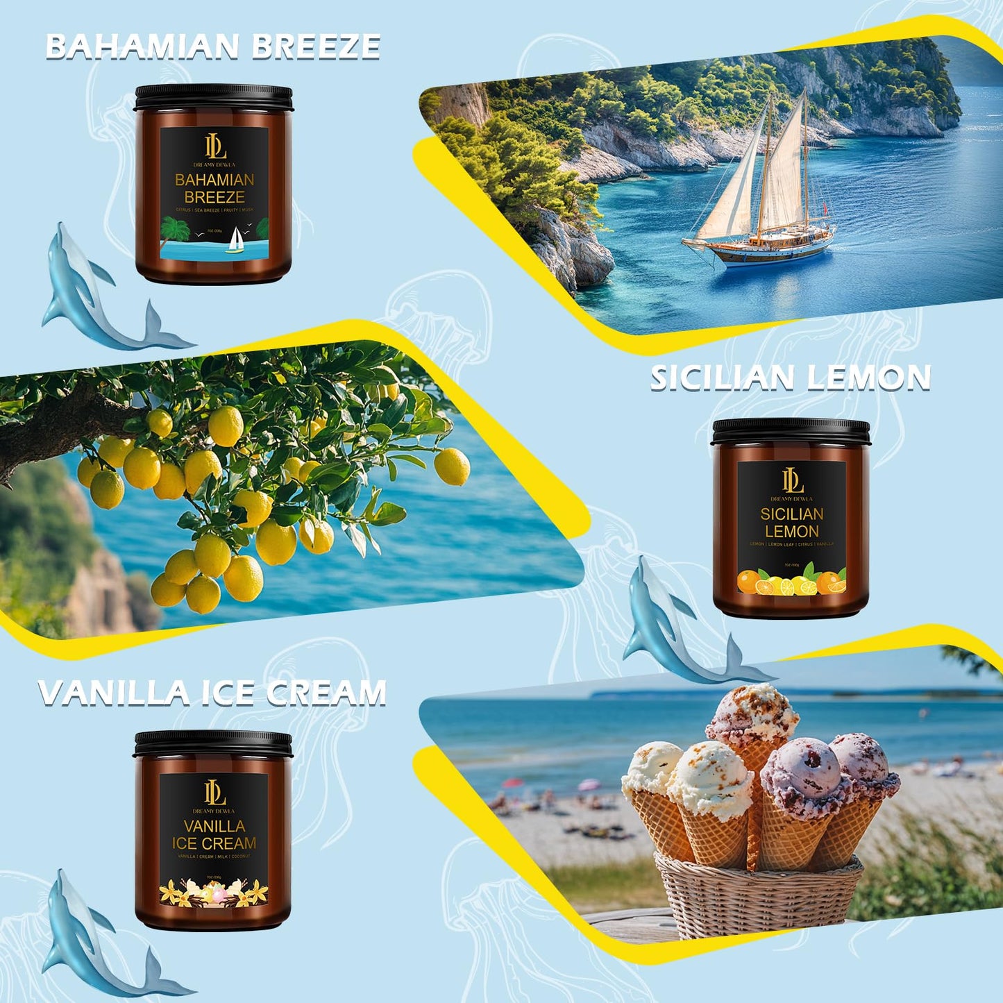 6 Pack Scented Candles Set, 42oz 300 Hour Long Lasting Candle, Soy Candles for Home Scented, Scents of Pink Sands/Coconut Vanilla/Bahama Breeze/Pineapple Cocktail/Sicilian Lemon/Vanilla Ice Cream