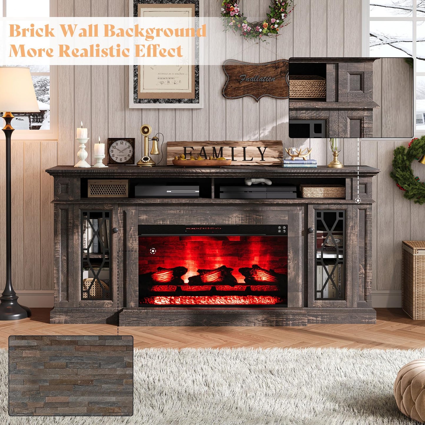 AMERLIFE 70" Farmhouse Heavy Fireplace TV Stand with 33" Electric Fireplace, for 80" TVs up, Media Entertainment Center with Diamond Door, TV Console Storage Cabinet for Living Room, White & Barnwood