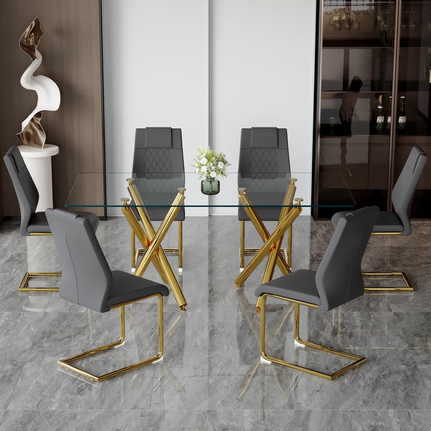 AZmac Modern Dining Table Set for 8 with Gold Metal Frame, 9-Piece Glass Dining Table with PU High Back Chairs for Kitchen Dining Room, Glass Table and 8 White Chairs