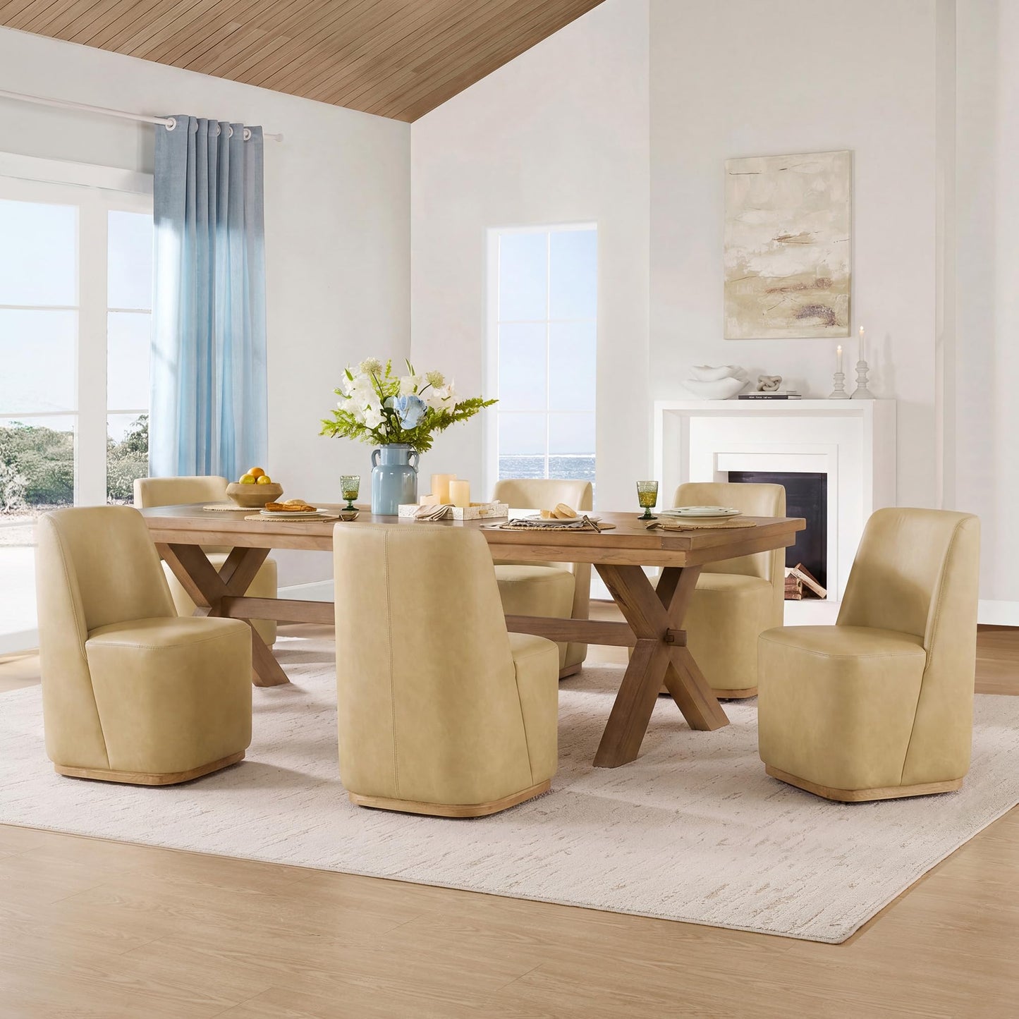 CHITA Upholstered Rolling Dining Chair with Casters Set of 2, Oatmeal | FSC Certified Modern Fabric Dining Chair with Casters, Boucle Dining Chairs for Reading Room Kitchen Dining Room