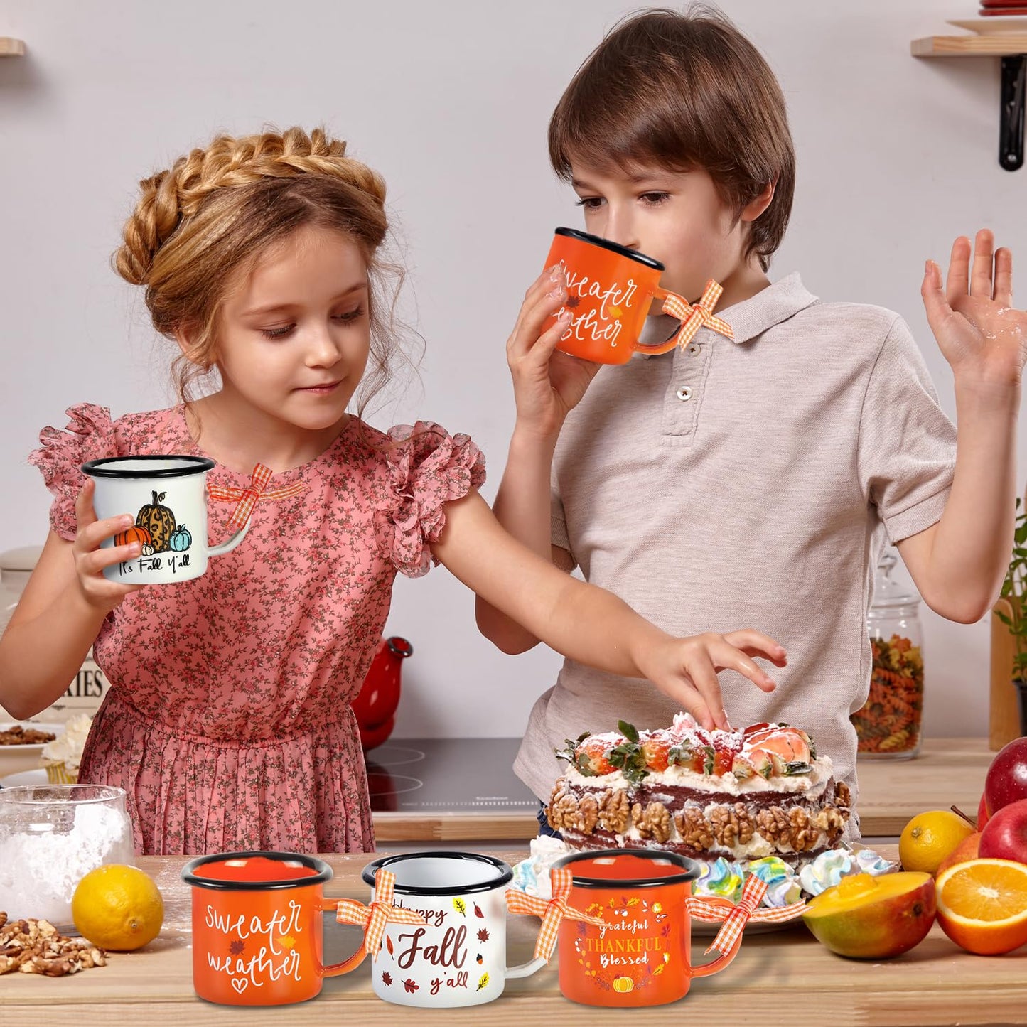 Quera 4 Pcs Fall Thanksgiving Mini Coffee Mug, Pumpkin Mini Coffee Cups for Tiered Tray Decor Autumn Centerpieces, Farmhouse Kitchen Coffee Bar PartyDecorations, Birthday Gift, 240ml