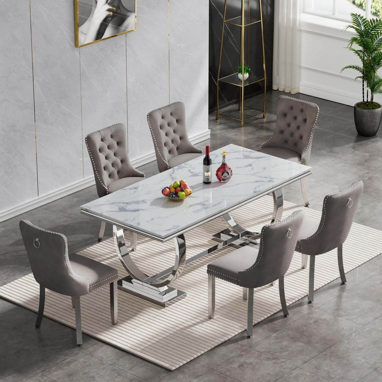 HomVent 70" Faux Marble Dining Table Set for 6, Rectangular Marble Top Kitchen Table Set, Kitchen & Dining Room Sets, Dining Table and Dining Chair