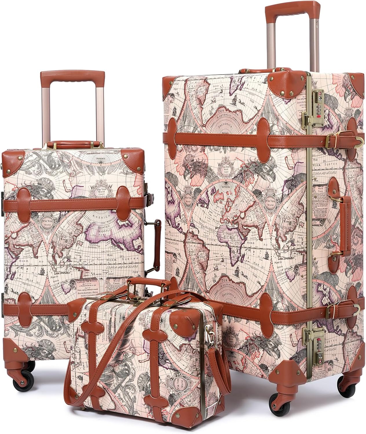 urecity Vintage Luggage Sets of 3 Piece - Hardside Lightweight Spinner Suitcases - Retro Travel Set includes Under Seat Train Case, 26"+20"+12"