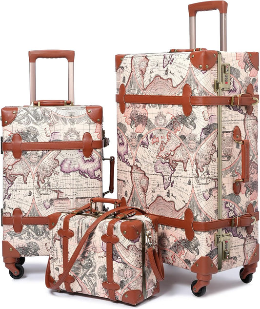 urecity Vintage Luggage Sets of 3 Piece - Hardside Lightweight Spinner Suitcases - Retro Travel Set includes Under Seat Train Case, 26"+20"+12"