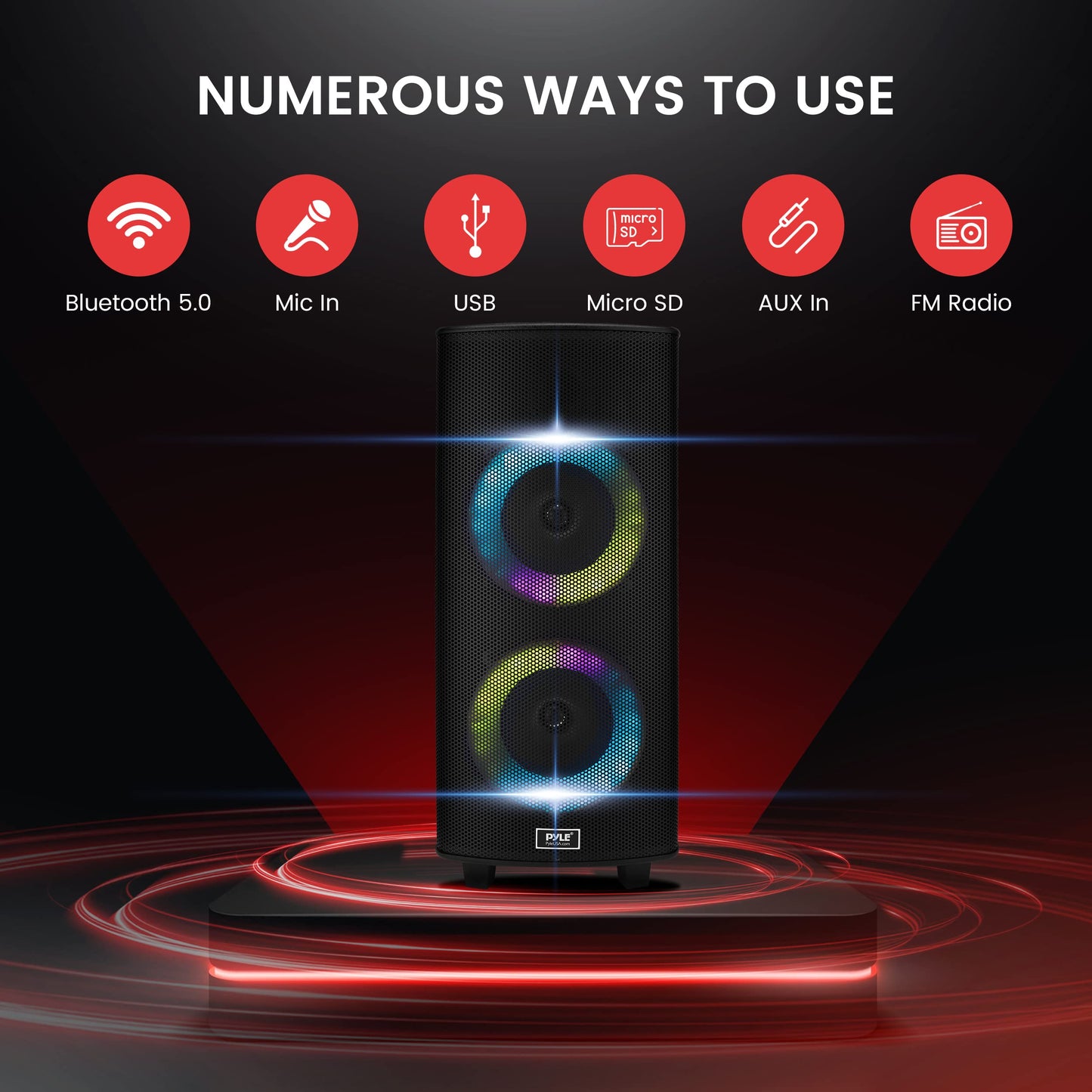 Pyle Portable Bluetooth PA Speaker System - 700W Dual 8” Rechargeable Speaker, TWS, Party Light, LED Display, FM/AUX/MP3/USB/SD, Wheels, Wireless Mic, Remote Control, Tablet Holder Included