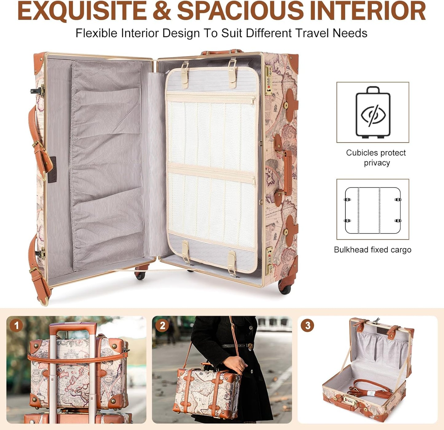 urecity Vintage Luggage Sets of 3 Piece - Hardside Lightweight Spinner Suitcases - Retro Travel Set includes Under Seat Train Case, 26"+20"+12"