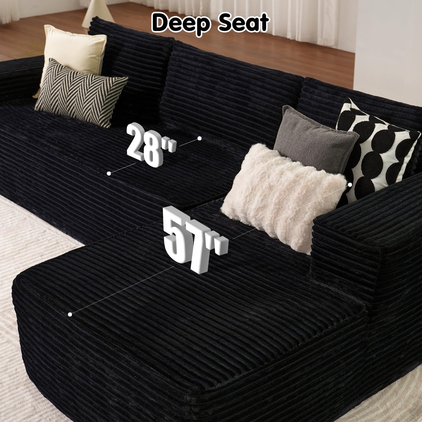 ovios 104" Cloud Sectional Couch with L-Shape Chaise,Modern Modular Sofa with Deep Seat, Upholstered Couches for Living Room Bedroom,No Assembly Required, Black (Corduroy Fabric)