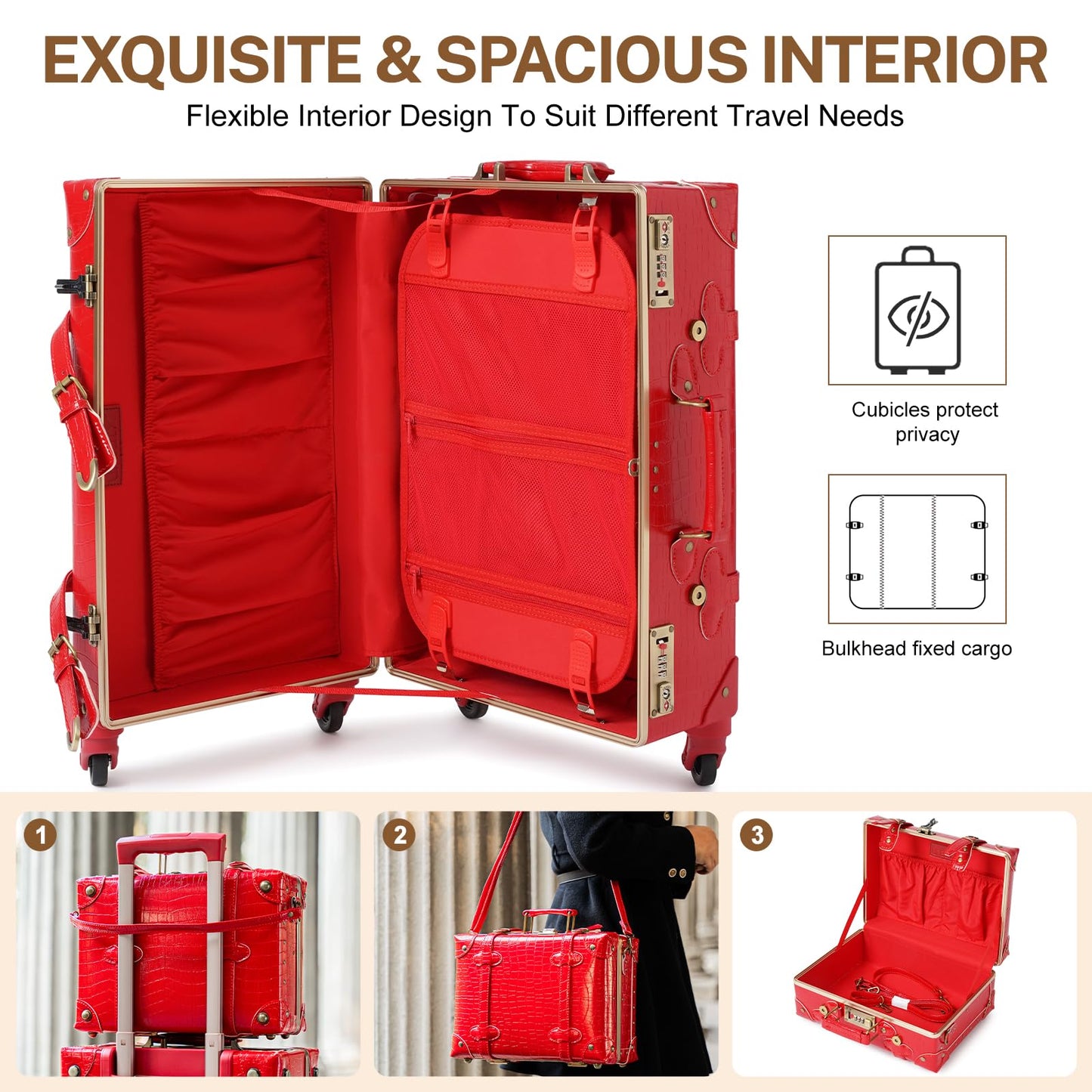 urecity Vintage Luggage Sets of 3 Piece - Hardside Lightweight Spinner Suitcases - Retro Travel Set includes Under Seat Train Case, 26"+20"+12"