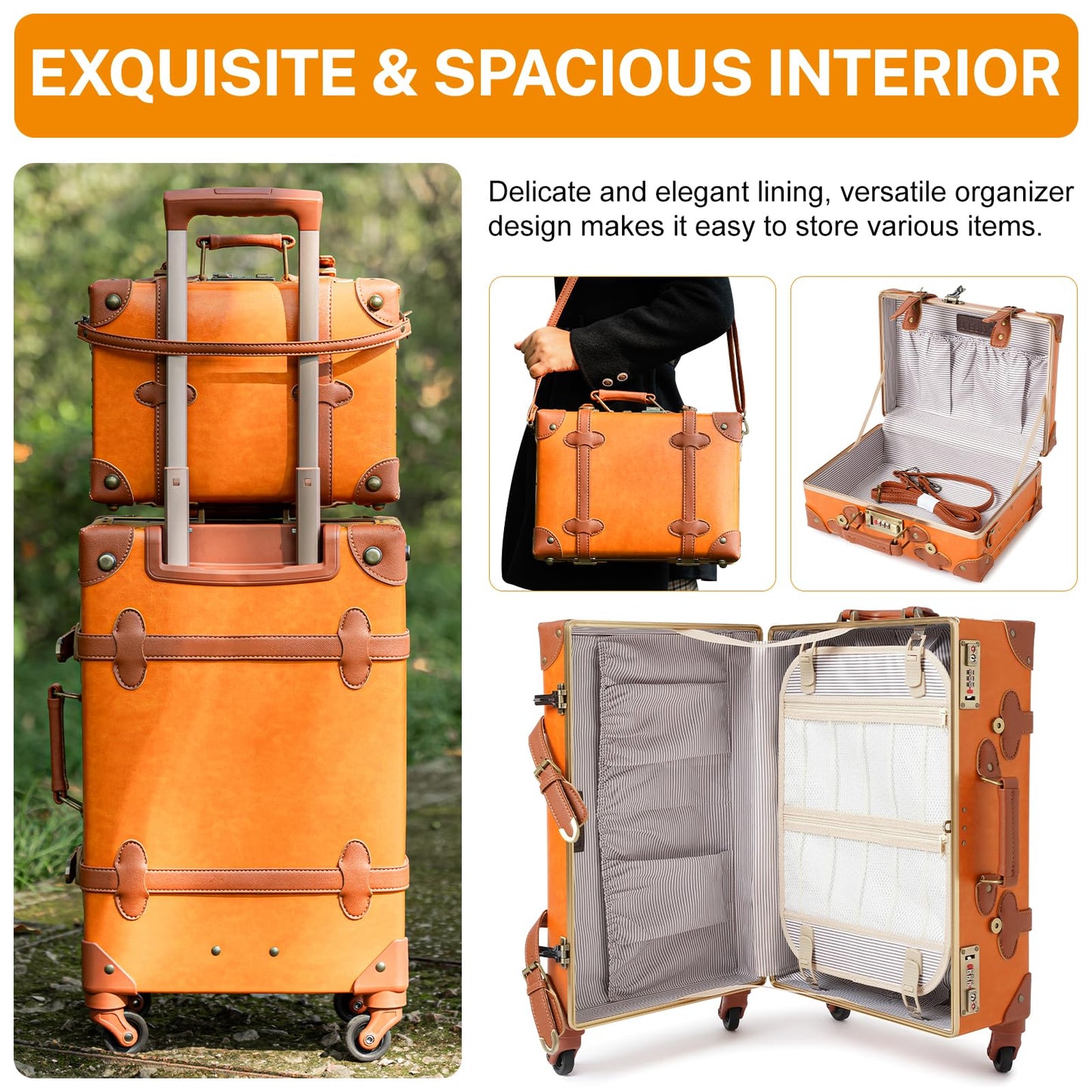 urecity Vintage Luggage Sets of 3 Piece - Hardside Lightweight Spinner Suitcases - Retro Travel Set includes Under Seat Train Case, 26"+20"+12"