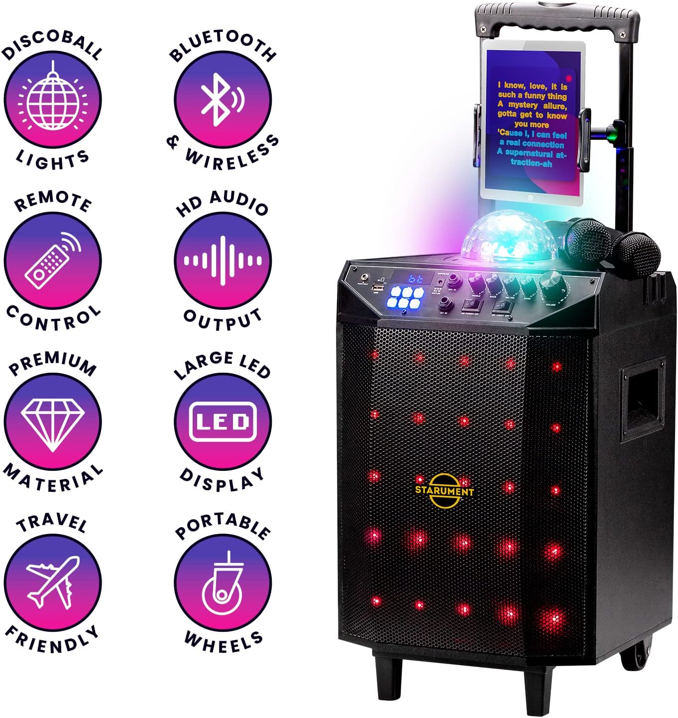 Starument Portable Karaoke Machine for Adults & Kids Complete Karaoke System Includes Bluetooth Speakers on Wheels, 2 Bluetooth Microphones, Disco Ball, LED Speaker Light, Cell Phone Stand & USB Aux