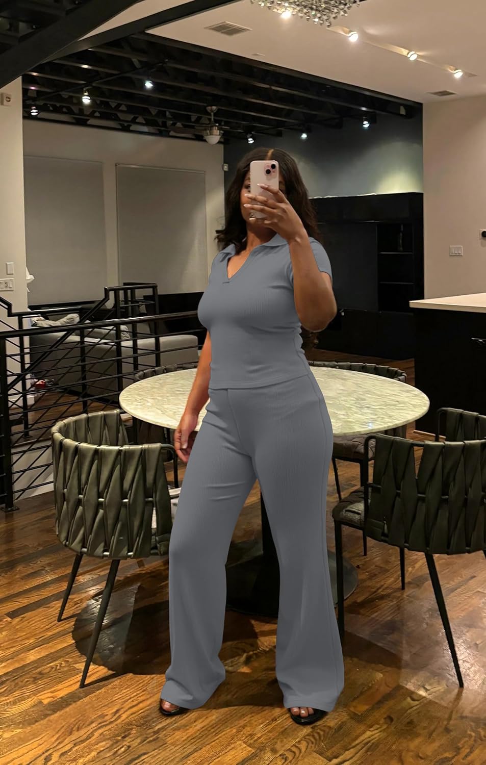 HBQ Women Two Piece Outfit Ribbed Short Sleeve V Neck Polo Top and Flare Pants Casual Lounge Sets Tracksuit