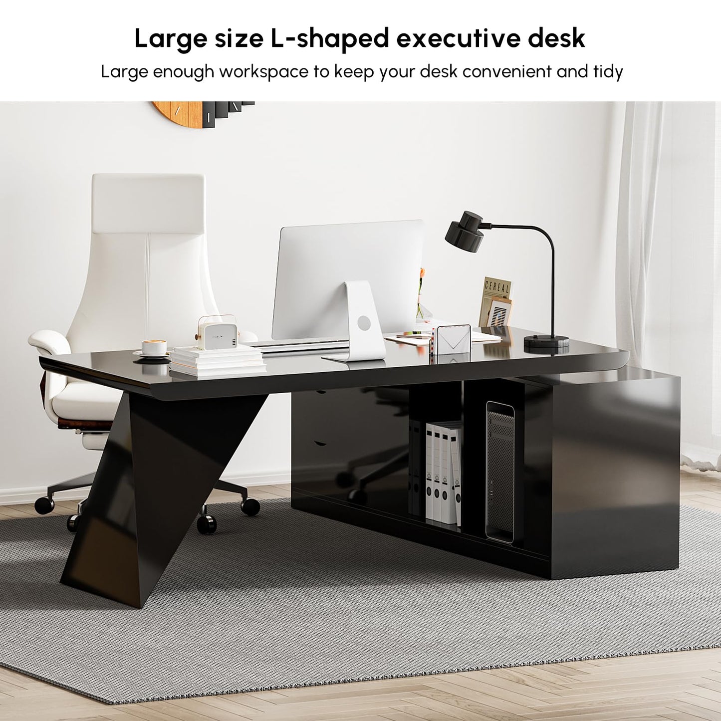 homary 70.9" Modern L-Shape Executive Desk, Home Office Desk with Drawers & Cabinet Modern Computer Desk for Home Business Furniture, Black, Right Hand
