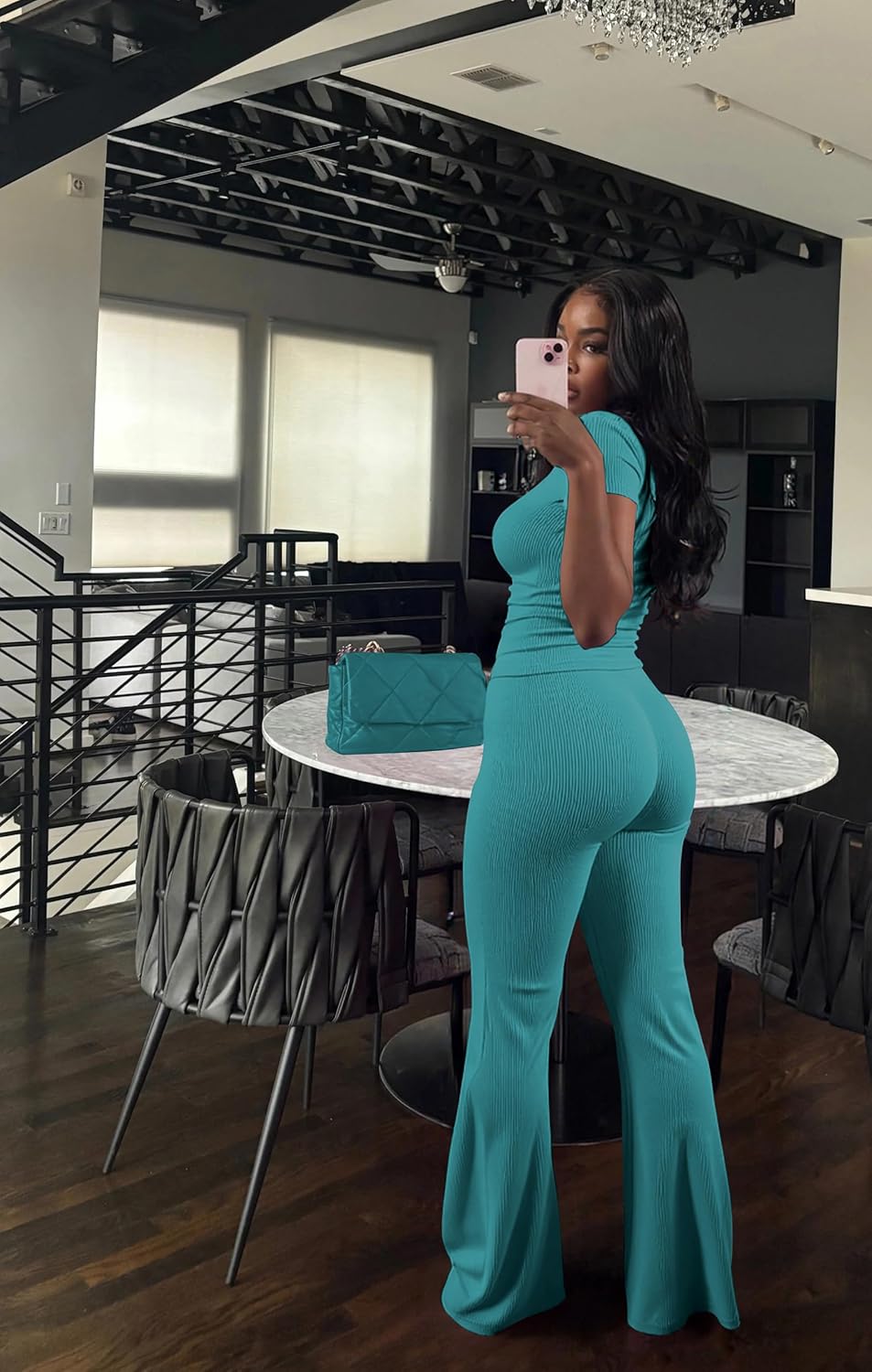 HBQ Women Two Piece Outfit Ribbed Short Sleeve V Neck Polo Top and Flare Pants Casual Lounge Sets Tracksuit