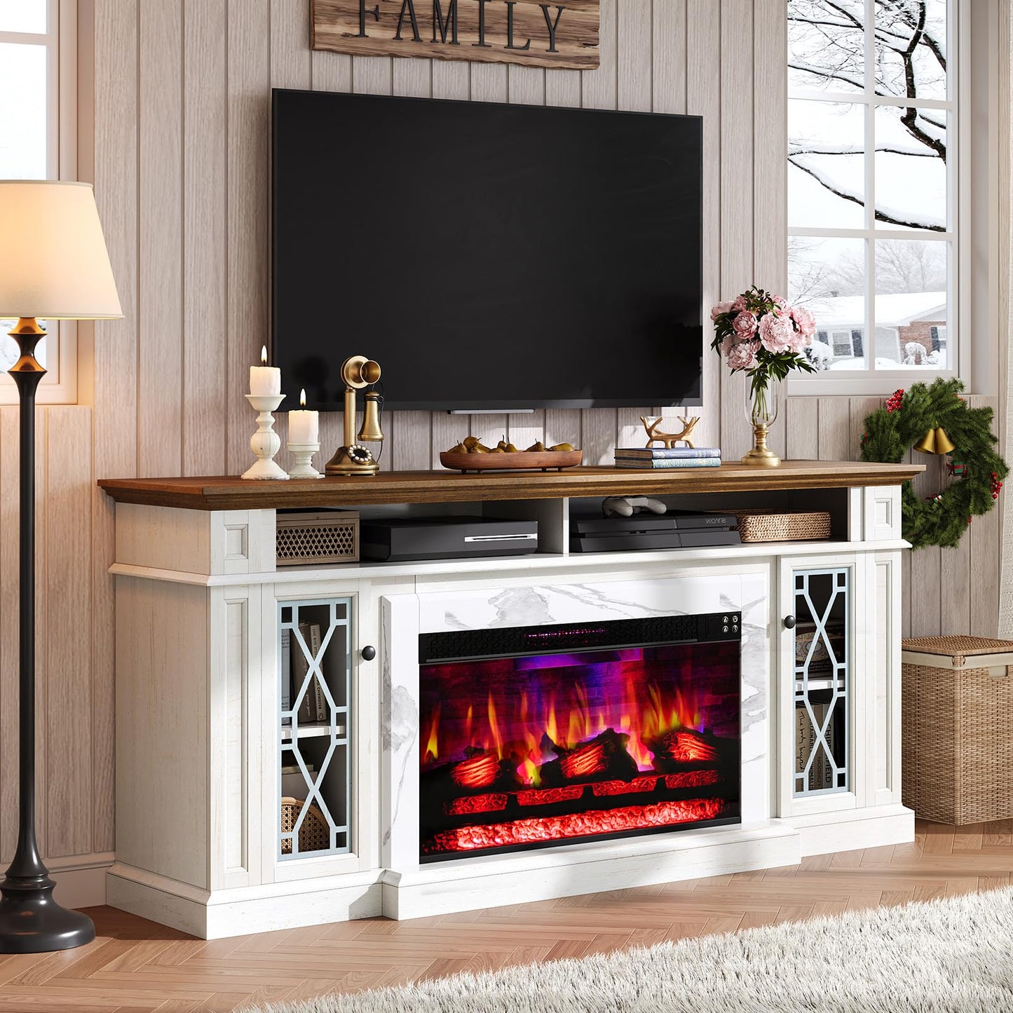 AMERLIFE 70" Farmhouse Heavy Fireplace TV Stand with 33" Electric Fireplace, for 80" TVs up, Media Entertainment Center with Diamond Door, TV Console Storage Cabinet for Living Room, White & Barnwood