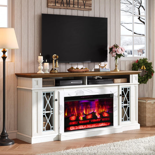 AMERLIFE 70" Farmhouse Heavy Fireplace TV Stand with 33" Electric Fireplace, for 80" TVs up, Media Entertainment Center with Diamond Door, TV Console Storage Cabinet for Living Room, White & Barnwood