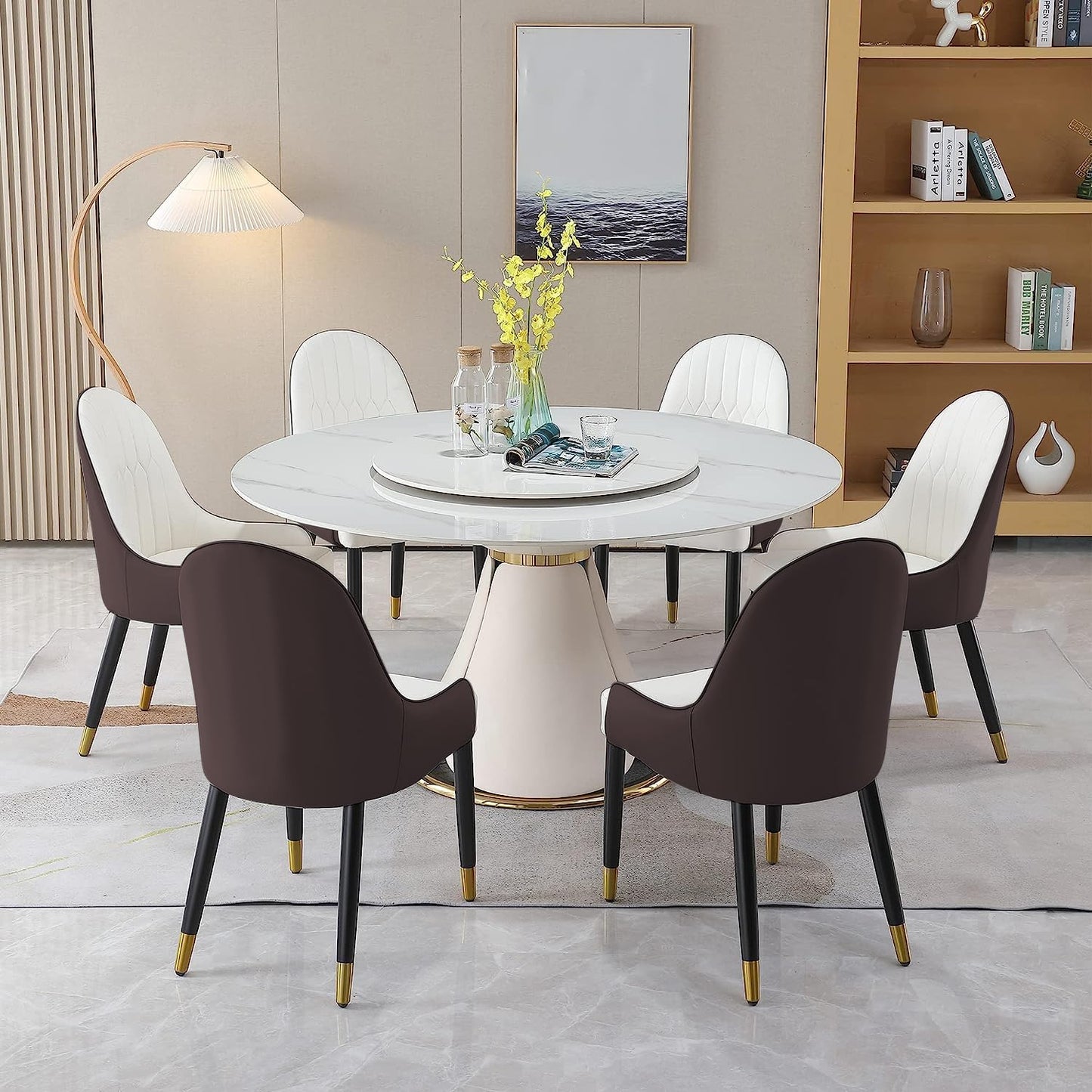 59" Round Dining Table Set for 8 with Lazy Susan Modern Sintered Stone 9 Pieces Dining Room Table Set with 8 Chairs and 31.5" Round Turntable