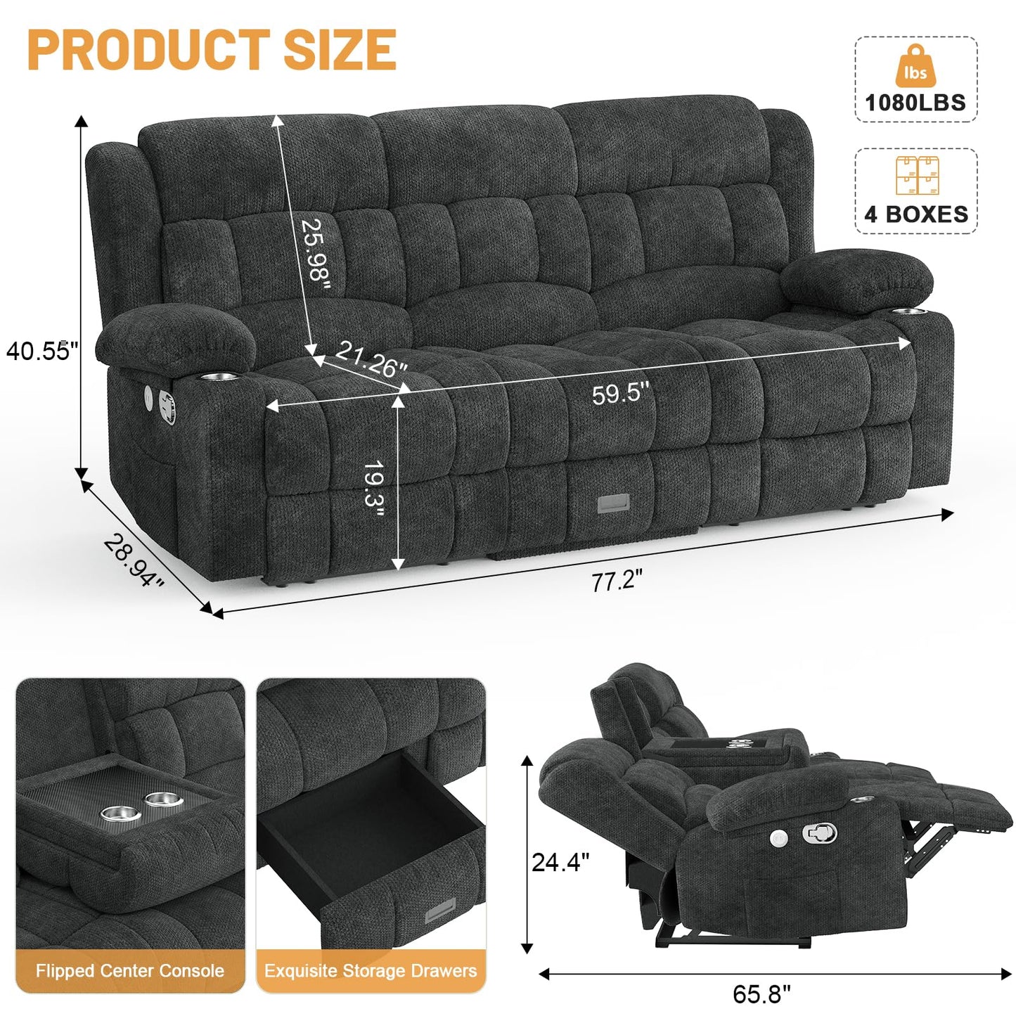 Loveseat Recliner Sofa, Flip Middle Backrest Design 3 Seat Reclining Sofa with Storage Drawer, USB Ports & Cup Holders, Manual Couch for Living Room/RV (Gray)