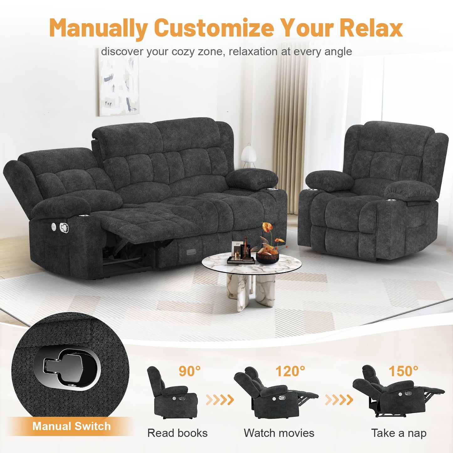 Loveseat Recliner Sofa, Flip Middle Backrest Design 3 Seat Reclining Sofa with Storage Drawer, USB Ports & Cup Holders, Manual Couch for Living Room/RV (Gray)