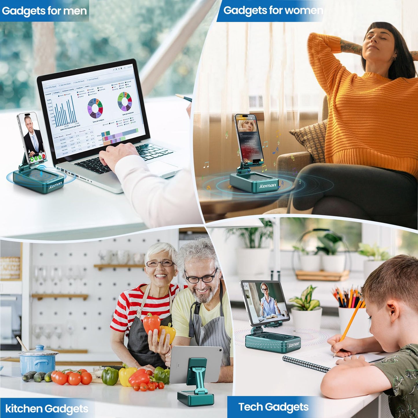 JTEMAN Tablet Stand Adjustable with Bluetooth Speakers,Kitchen Gadgets,Gifts for Women Men,Wireless Bluetooth Speaker Tablet Holder,Desk Mic Charging Sation Compatible with Phones and Tablet