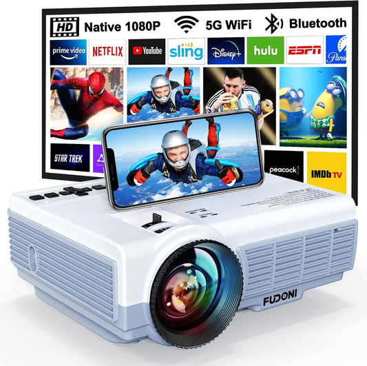 Projector with WiFi and Bluetooth, FUDONI Upgrade Projector Native 1080P 14000L 4K Supported, Portable Movie Outdoor Projector for Home Theater, Compatible w HDMI/USB/TV Stick/Laptop/iOS Android Phone