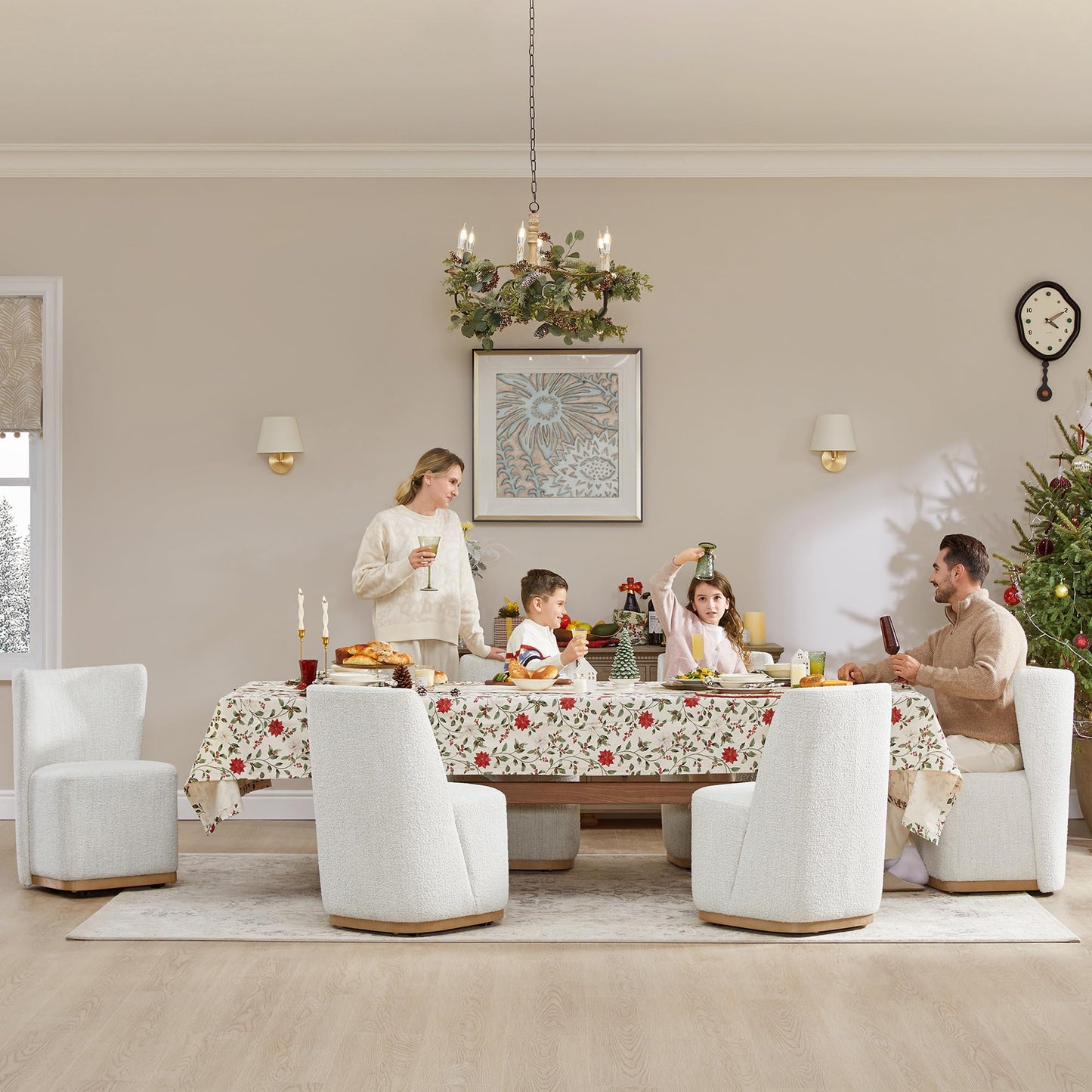 CHITA Upholstered Rolling Dining Chair on Casters Set of 4, FSC Certified Modern Fabric Dining Chair with Casters, Boucle Dining Chairs for Reading Room Waiting Room Kitchen Dining Room, Oatmeal