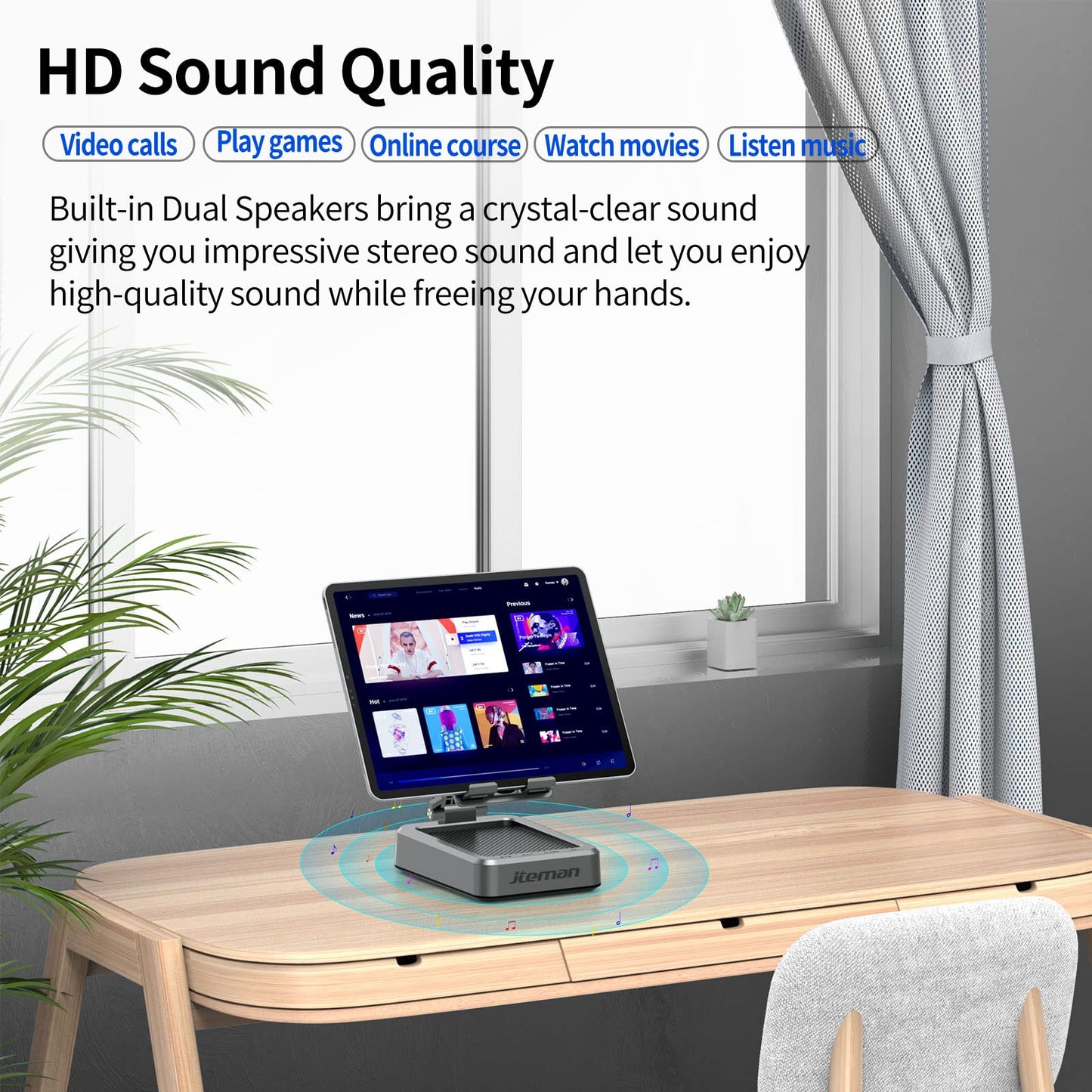 JTEMAN Tablet Stand Adjustable with Bluetooth Speakers,Kitchen Gadgets,Gifts for Women Men,Wireless Bluetooth Speaker Tablet Holder,Desk Mic Charging Sation Compatible with Phones and Tablet