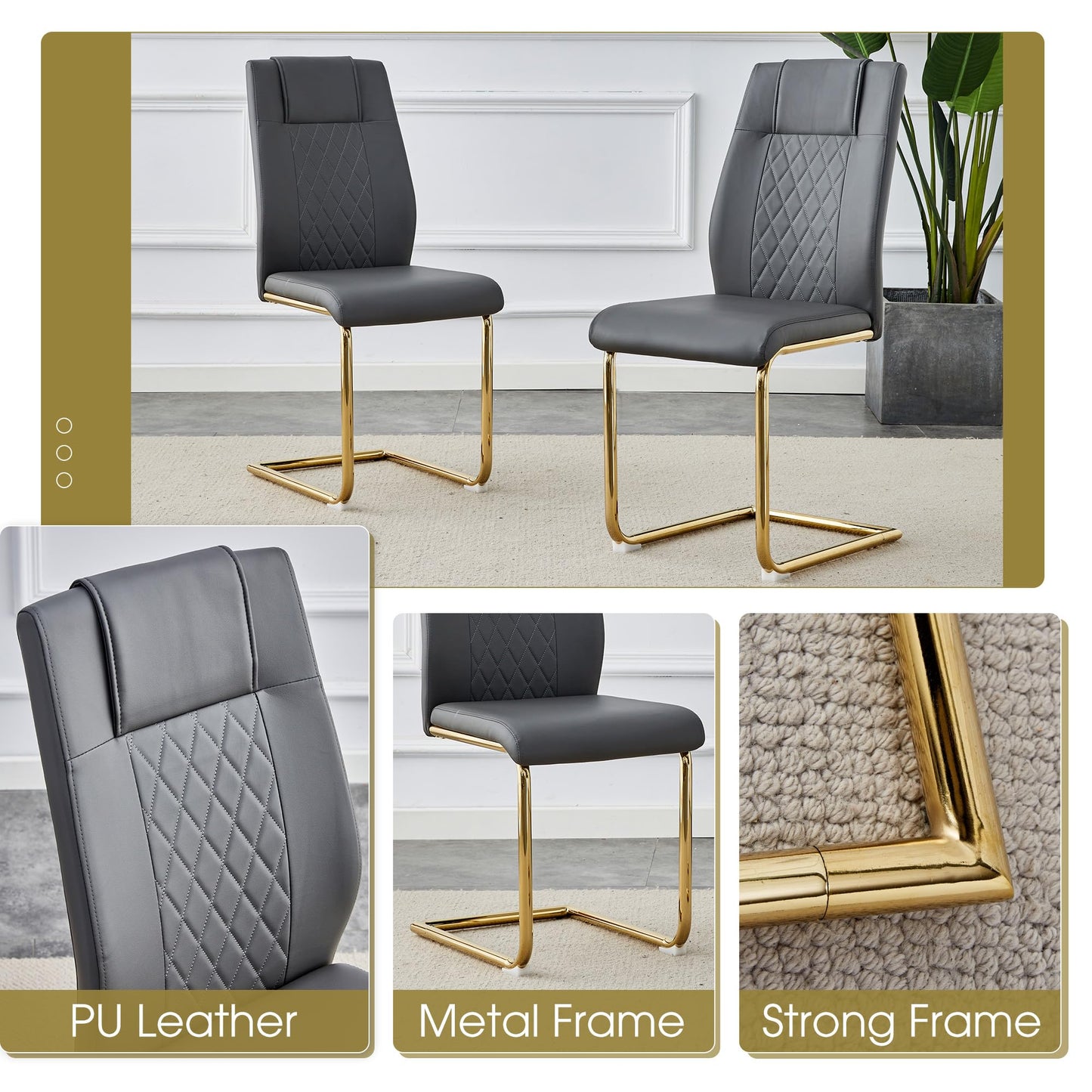 AZmac Modern Dining Table Set for 8 with Gold Metal Frame, 9-Piece Glass Dining Table with PU High Back Chairs for Kitchen Dining Room, Glass Table and 8 White Chairs