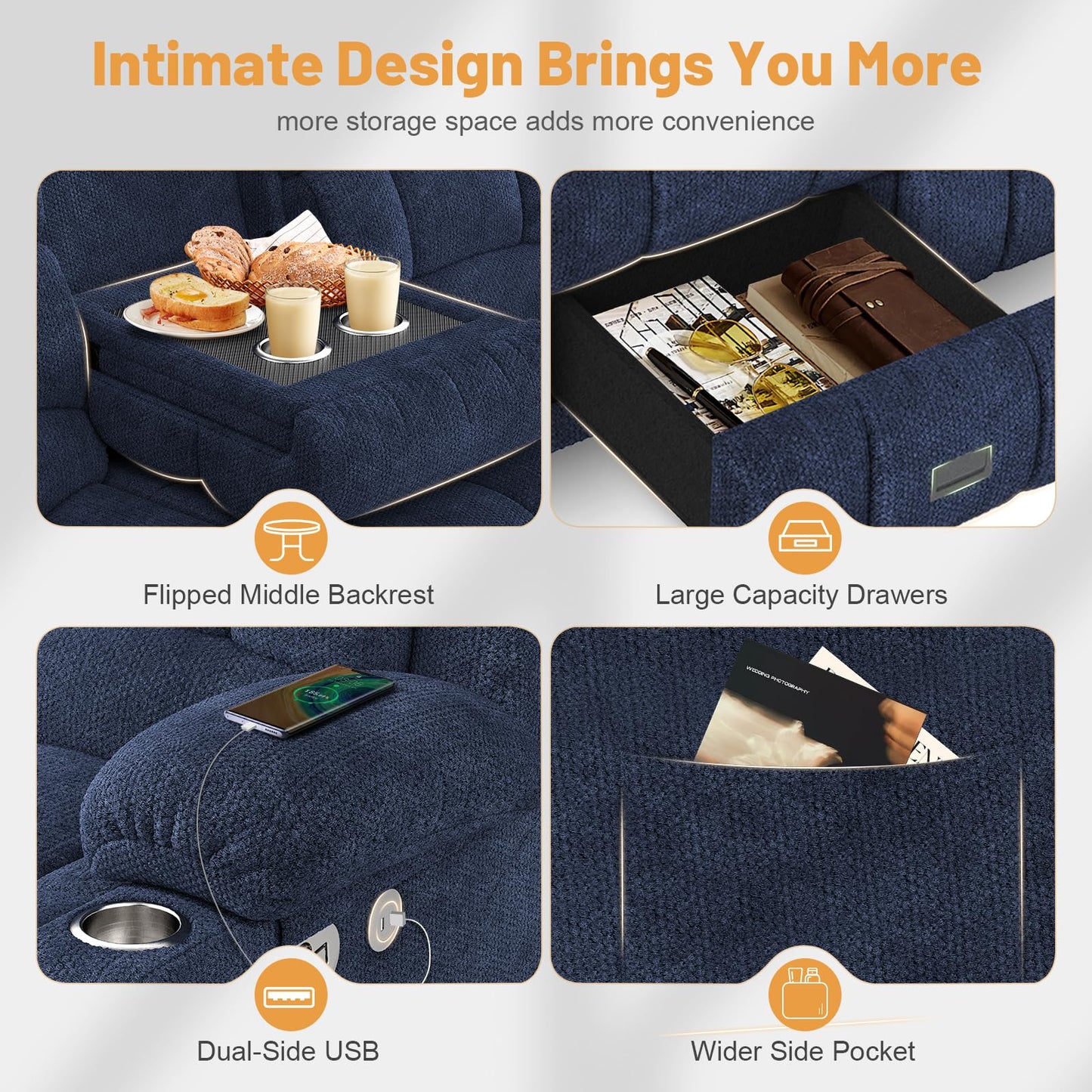 Loveseat Recliner Sofa, Flip Middle Backrest Design 3 Seat Reclining Sofa with Storage Drawer, USB Ports & Cup Holders, Manual Couch for Living Room/RV (Gray)