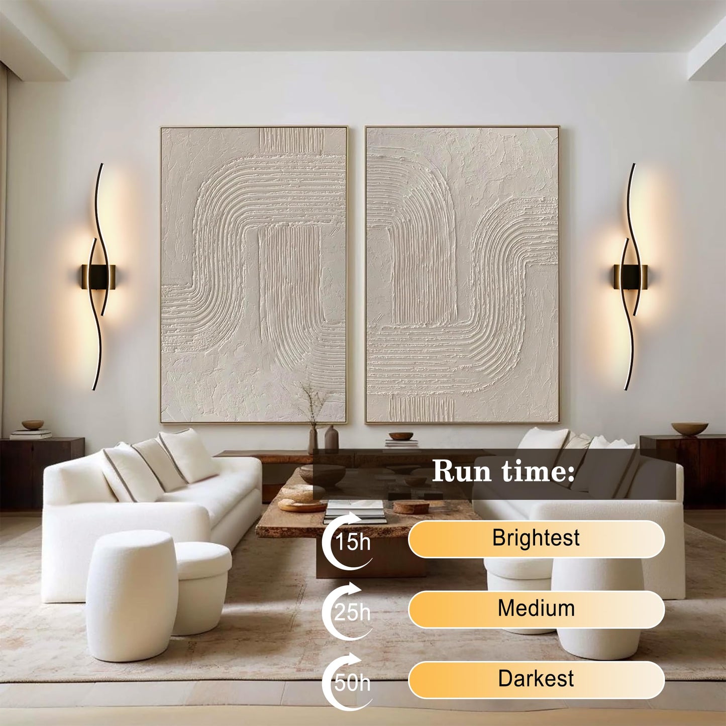 Battery Operated Wall Sconces Set of Two with Remote Control, Dimmable/3 Color/Night-Light/Timer/Memory, Black Modern Wireless LED Sconce for Living Room, Hallway, Bedroom, 39.3 Inch (2 Pack)