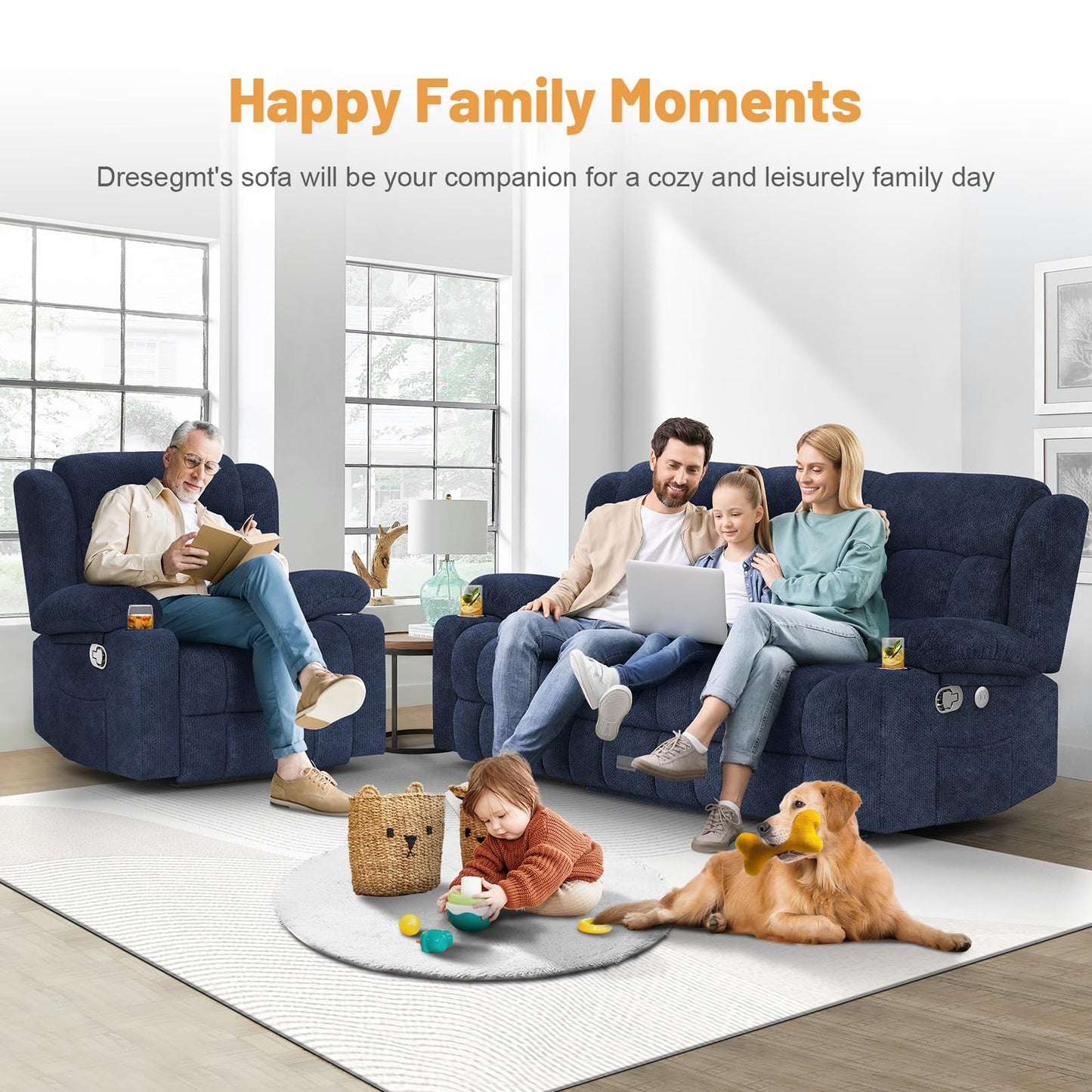 Loveseat Recliner Sofa, Flip Middle Backrest Design 3 Seat Reclining Sofa with Storage Drawer, USB Ports & Cup Holders, Manual Couch for Living Room/RV (Gray)