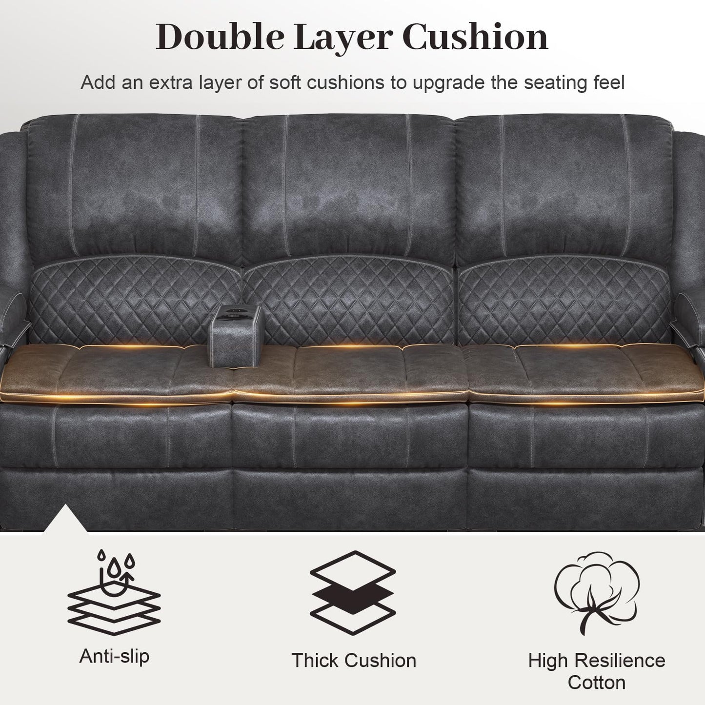 3 Seater Recliner Sofa Set with 2-Tier Cushion, 3+1+1 Pieces in Living Room, 3 Seater Reclining Couch Dutch Velvet with Removable Console, 2 Oversize Recliner Chair Sofa Seat - Grey