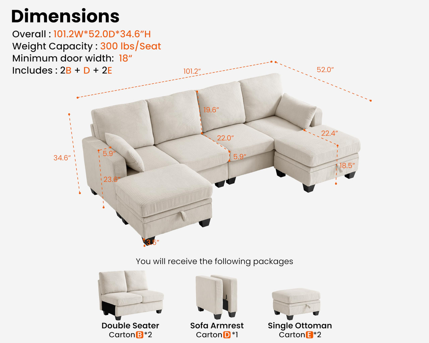 CHIC HOUSE Corduroy Modular Sectional Couch with Ottoman Chaise, L Shaped 4-seat Sofa for Living Room, Apartment, Lounge, Modern Armrest Neck Support Furniture