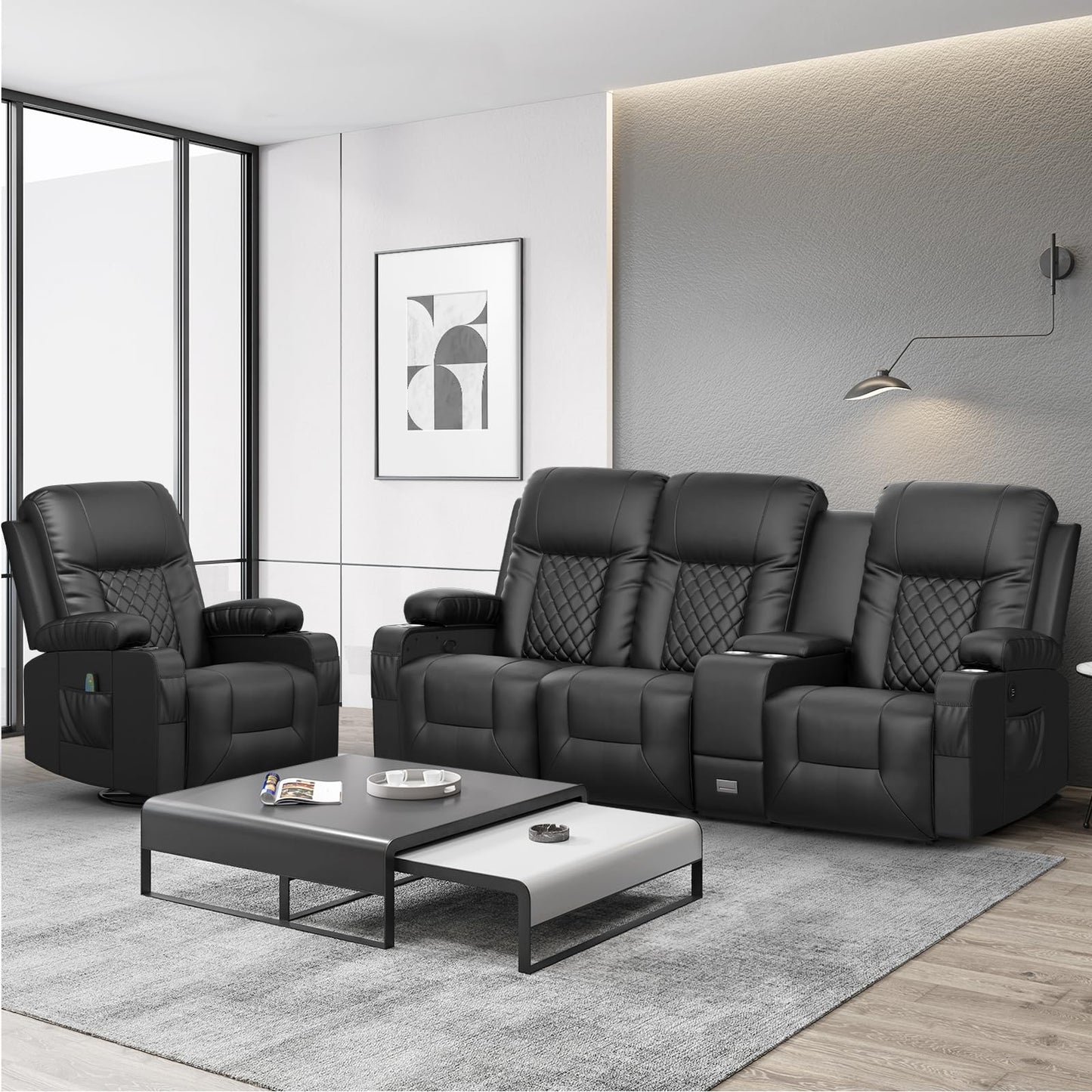 YONISEE 3 Seat Recliner Sofa, Large Reclining Sofa with Storage Console, Manual Reclining Chair with USB Ports, 2 Cell Phone Holder, 3 Seater Loveseat Recliner Couch for Living Room