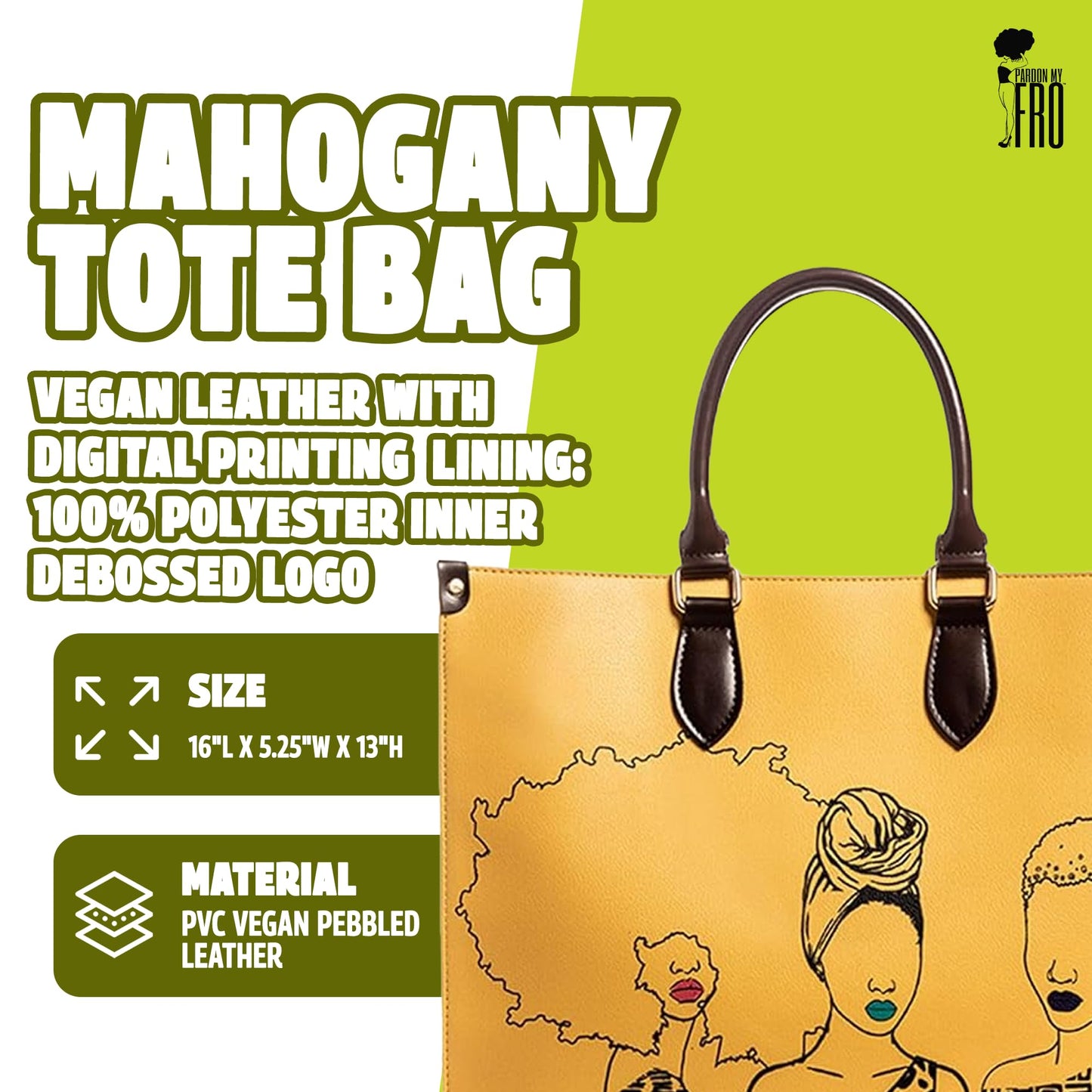 Pardon My Fro Tote Bag for Women – Large Shoulder Bag with Zippered Compartment, Fits Laptop, Mahogany Yellow and Tribe Blue