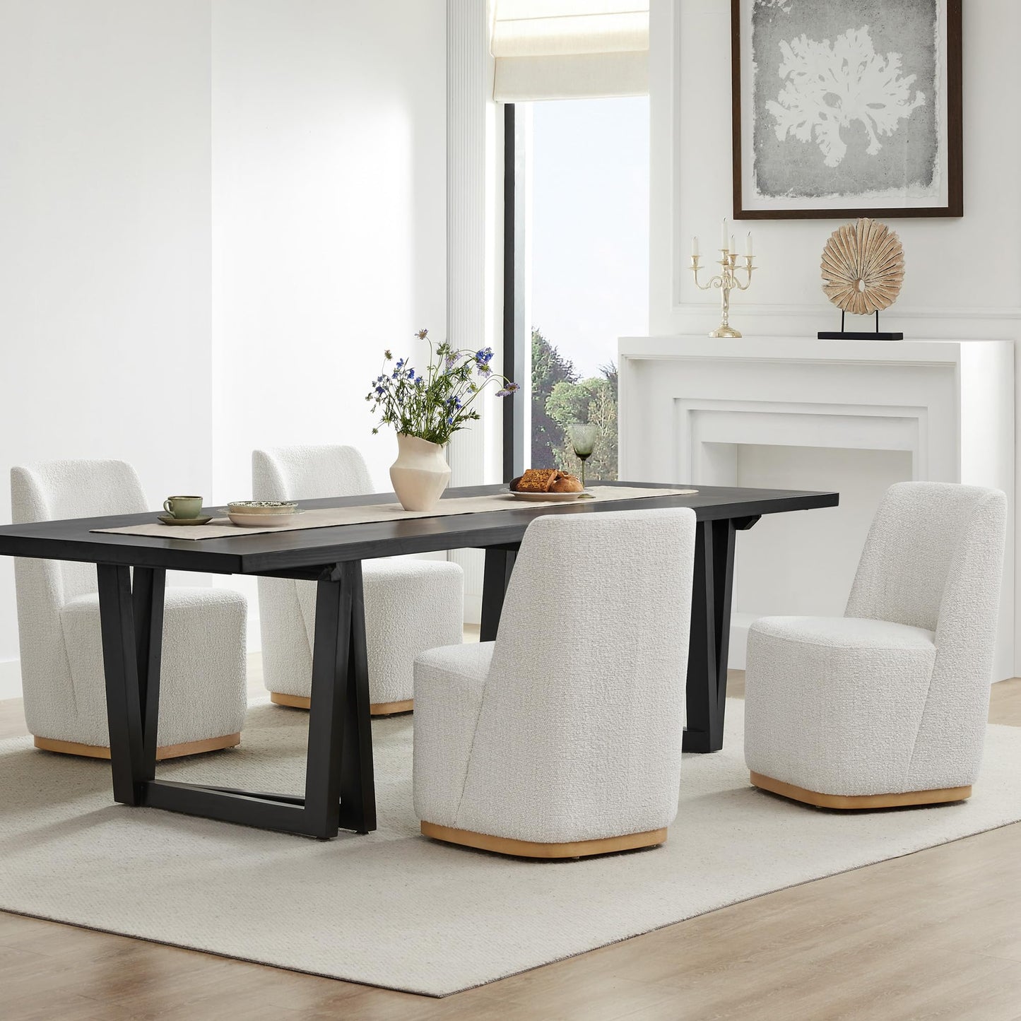 CHITA Upholstered Rolling Dining Chair on Casters Set of 4, FSC Certified Modern Fabric Dining Chair with Casters, Boucle Dining Chairs for Reading Room Waiting Room Kitchen Dining Room, Oatmeal