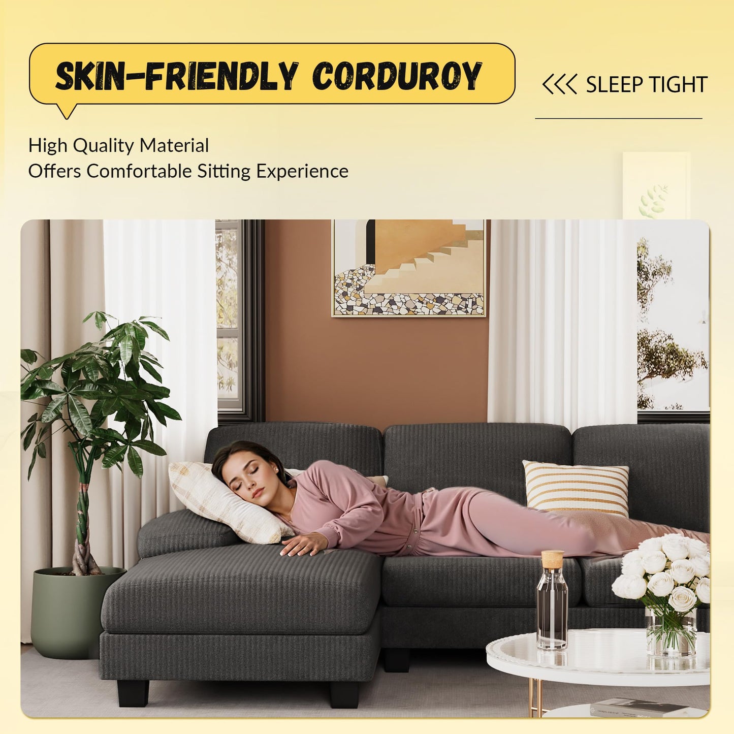 JUMMICO Sectional Couches for Living Room, U Shaped Couch with Chenille Fabric, 4 Seat Modern Sofa with Removable Pillows for Apartment and Small Space (Corduroy, Beige)