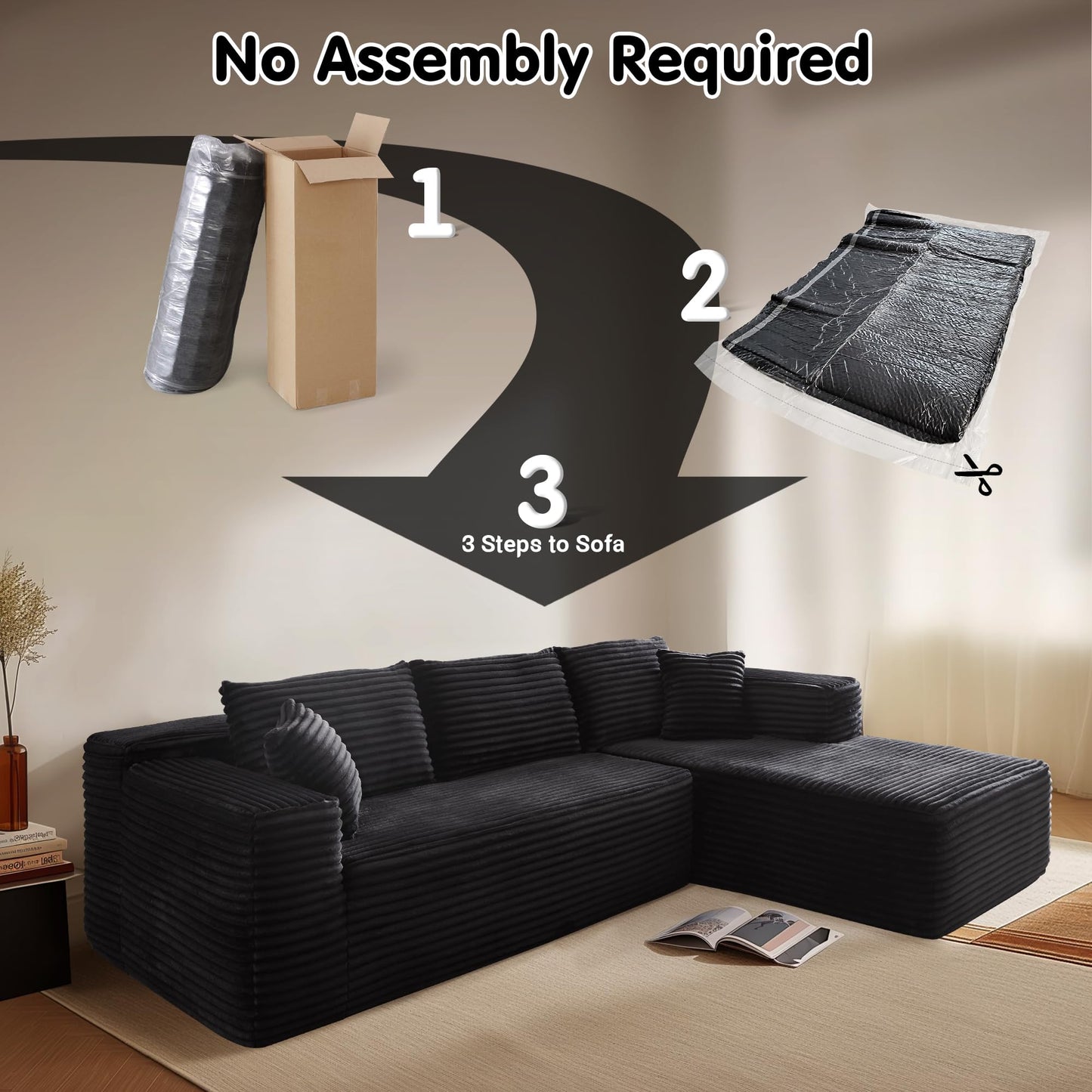 ovios 104" Cloud Sectional Couch with L-Shape Chaise,Modern Modular Sofa with Deep Seat, Upholstered Couches for Living Room Bedroom,No Assembly Required, Black (Corduroy Fabric)