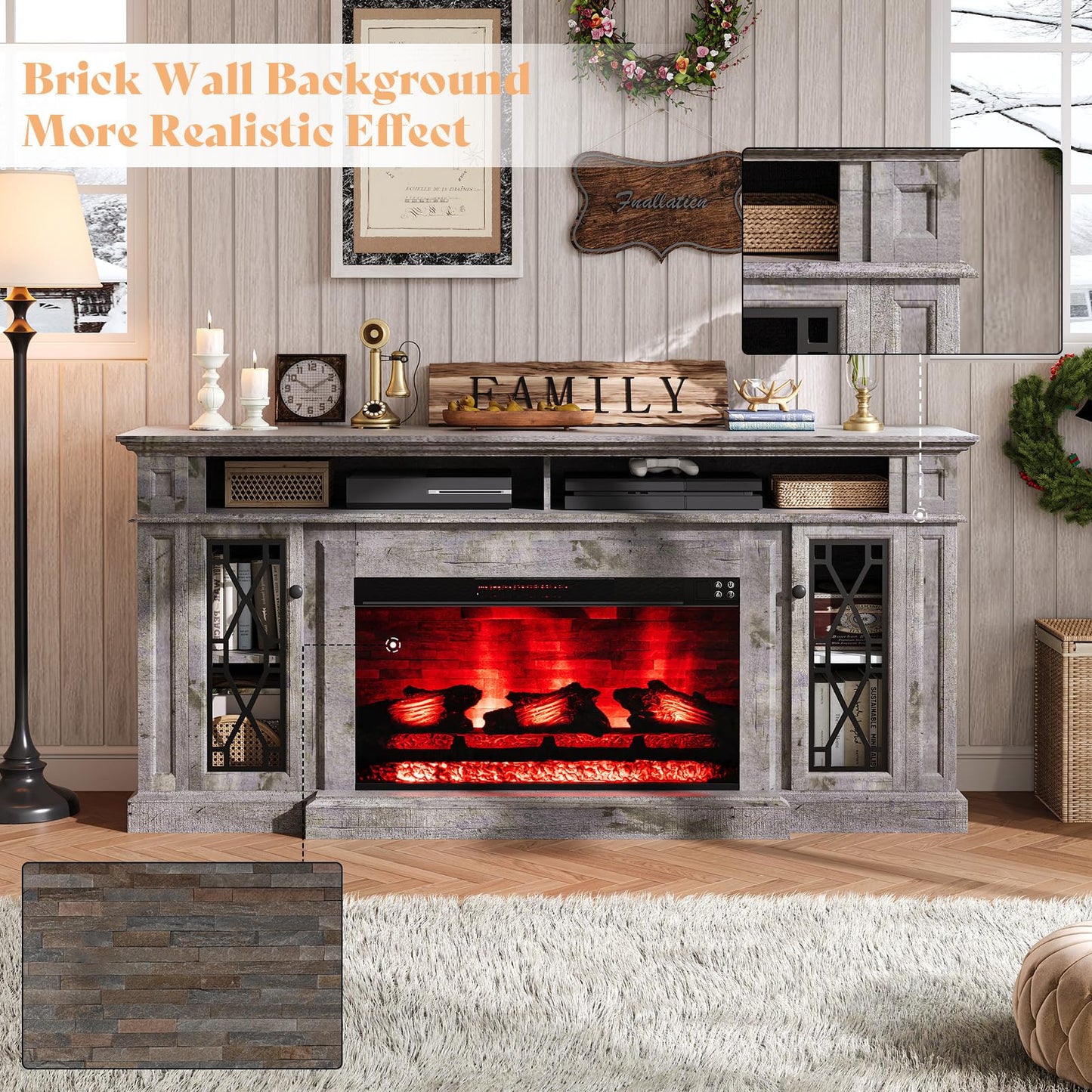 AMERLIFE 70" Farmhouse Heavy Fireplace TV Stand with 33" Electric Fireplace, for 80" TVs up, Media Entertainment Center with Diamond Door, TV Console Storage Cabinet for Living Room, White & Barnwood