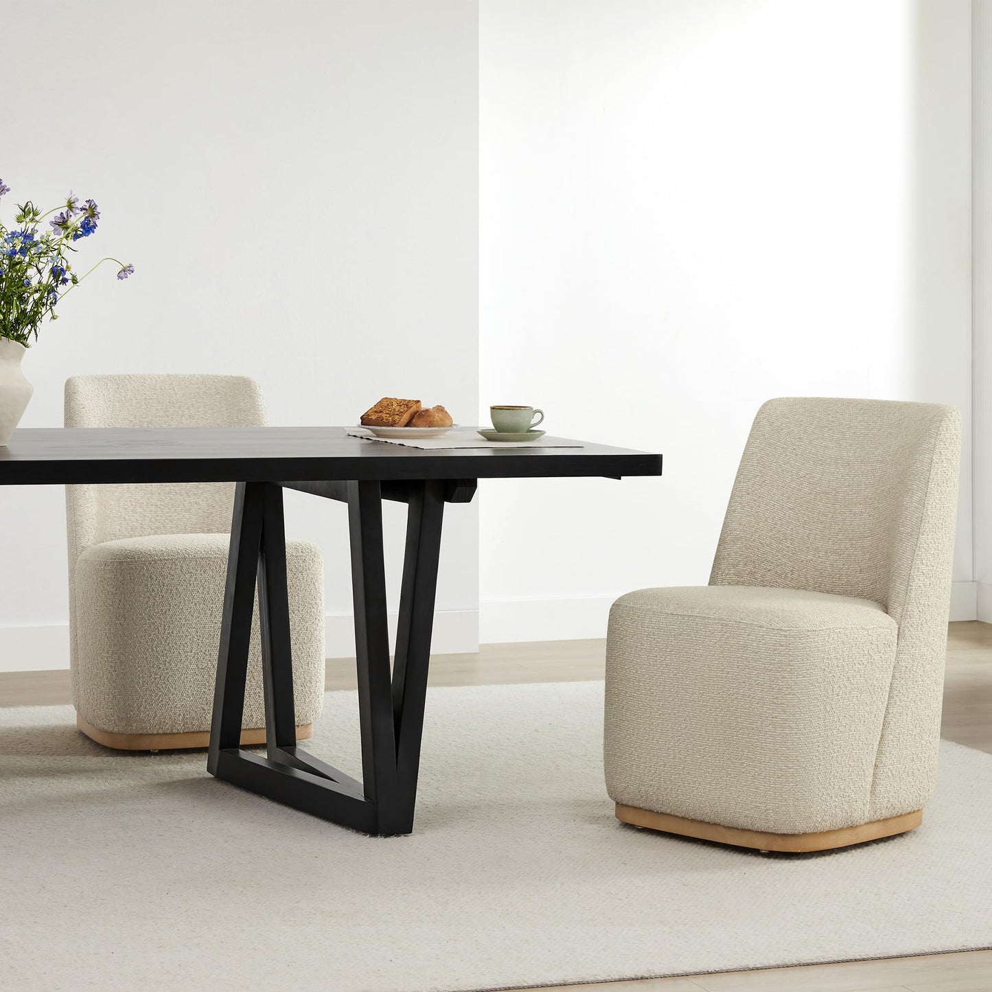 CHITA Upholstered Rolling Dining Chair with Casters Set of 2, Oatmeal | FSC Certified Modern Fabric Dining Chair with Casters, Boucle Dining Chairs for Reading Room Kitchen Dining Room