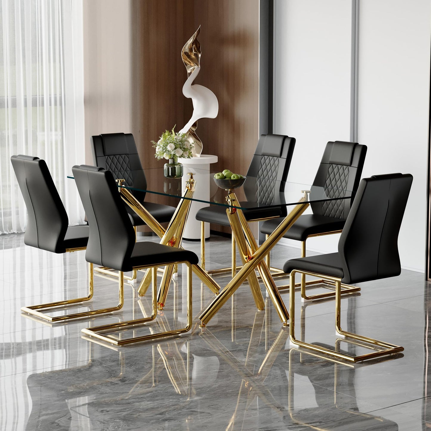 AZmac Modern Dining Table Set for 8 with Gold Metal Frame, 9-Piece Glass Dining Table with PU High Back Chairs for Kitchen Dining Room, Glass Table and 8 White Chairs