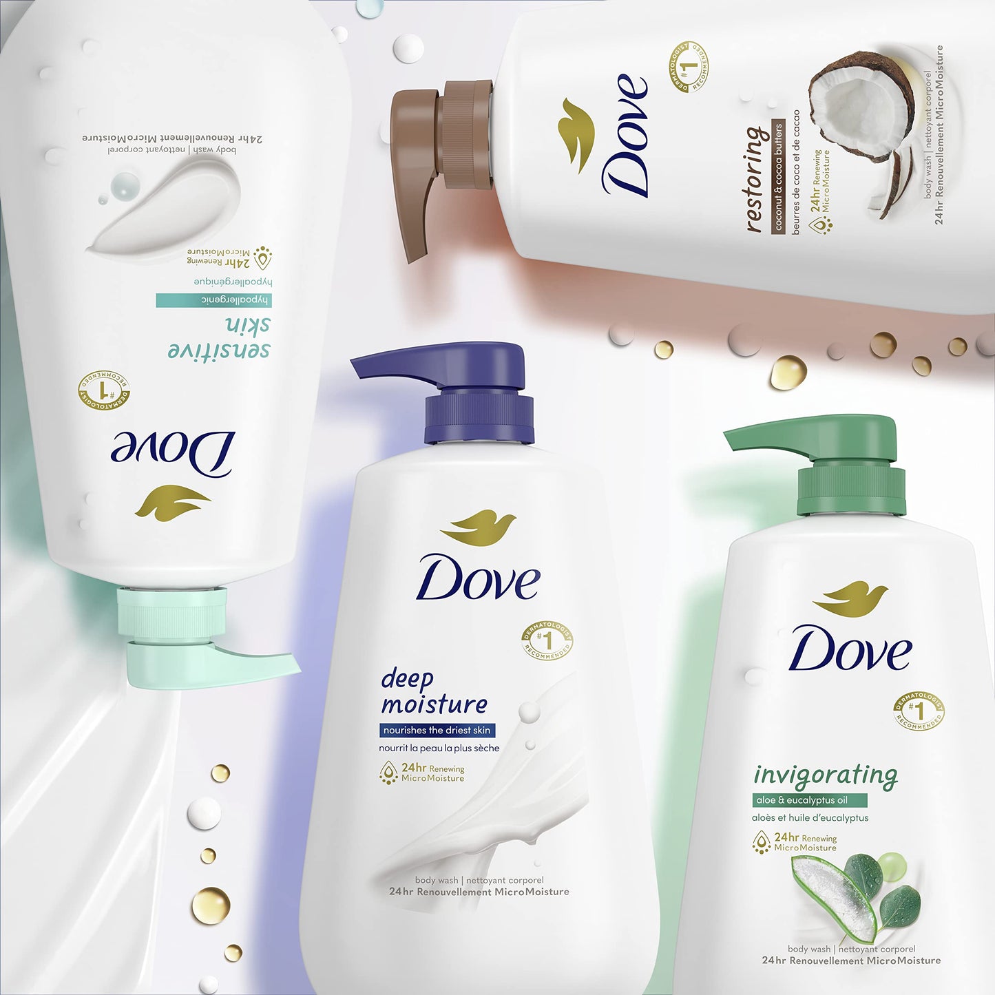 Dove Body Wash with Pump Sensitive Skin For 24hr Lotion-Soft Skin Moisturizing Skin Cleanser Gentle Hypoallergenic Formula with No Sulfates No Parabens 30.6 oz