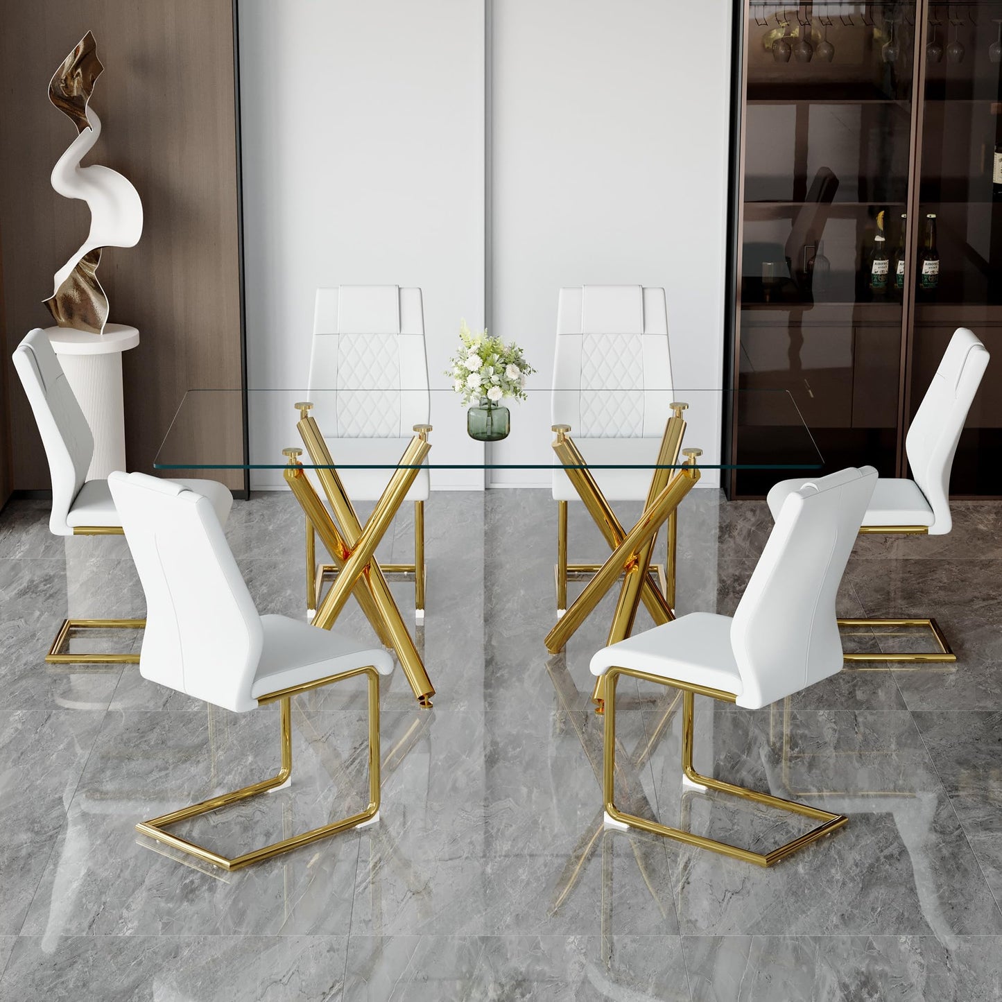 AZmac Modern Dining Table Set for 8 with Gold Metal Frame, 9-Piece Glass Dining Table with PU High Back Chairs for Kitchen Dining Room, Glass Table and 8 White Chairs