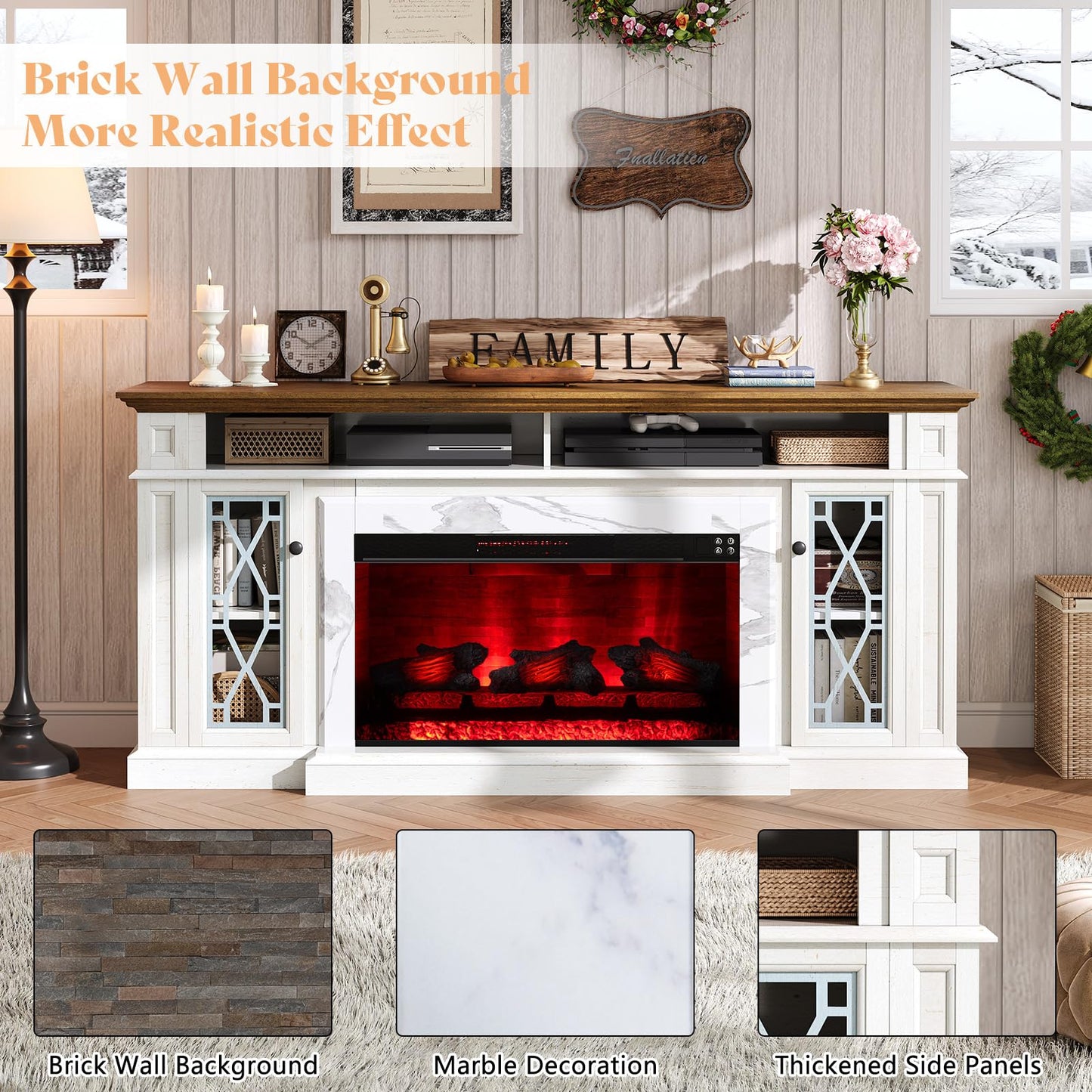 AMERLIFE 70" Farmhouse Heavy Fireplace TV Stand with 33" Electric Fireplace, for 80" TVs up, Media Entertainment Center with Diamond Door, TV Console Storage Cabinet for Living Room, White & Barnwood
