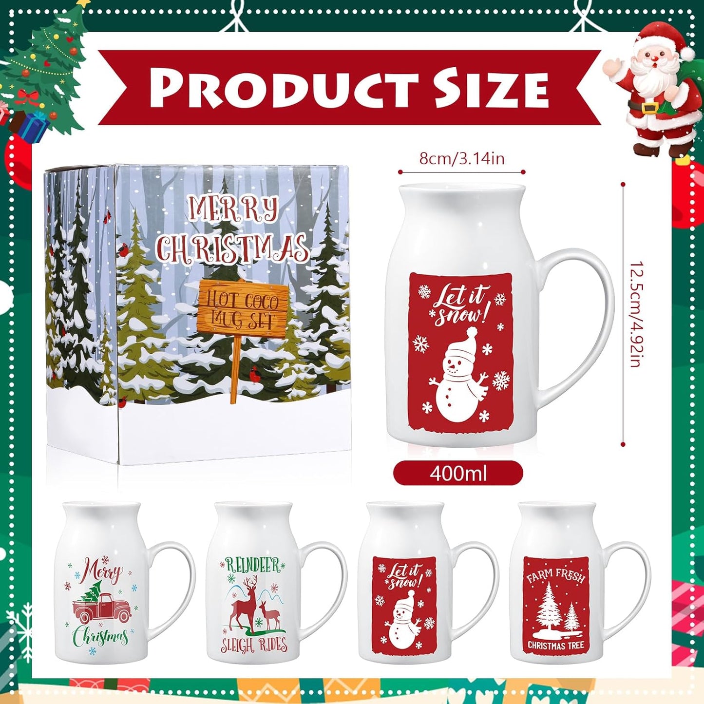 Hushee 4 Pcs 9.5 oz Ceramic Christmas Mug with Gift Box Coffee Mugs with Festive Pattern Design Reindeer Xmas Tree Hot Cocoa Mugs Snowman Truck Christmas Coffee Cups for Tea Hot Chocolate Gift