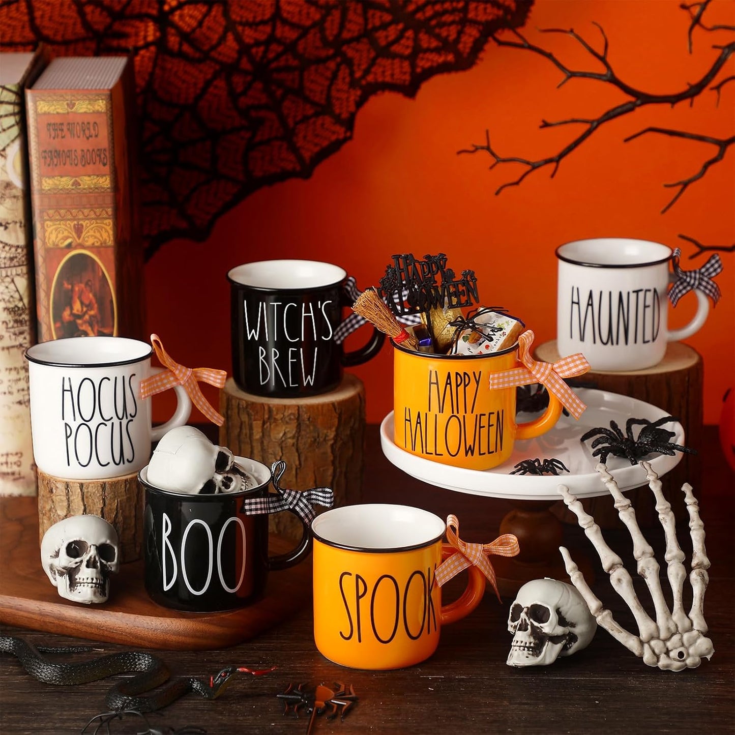 Halloween Mini Coffee Mugs Set of 6 Pumpkin Ghost Witch Mini Coffee Cups Tiered Tray Decor for Halloween Kitchen Bar Coffee Decoration Centerpiece Housewarming Gift