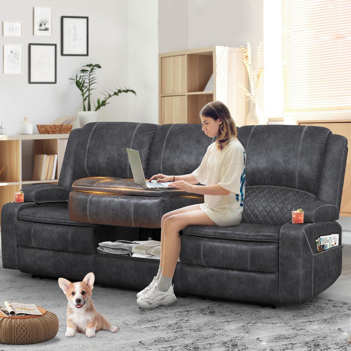 3 Seater Recliner Sofa Set with 2-Tier Cushion, 3+1+1 Pieces in Living Room, 3 Seater Reclining Couch Dutch Velvet with Removable Console, 2 Oversize Recliner Chair Sofa Seat - Grey