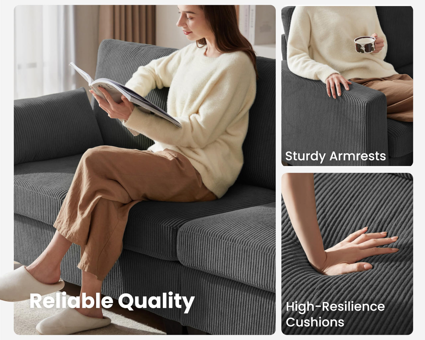 CHIC HOUSE Corduroy Modular Sectional Couch with Ottoman Chaise, L Shaped 4-seat Sofa for Living Room, Apartment, Lounge, Modern Armrest Neck Support Furniture