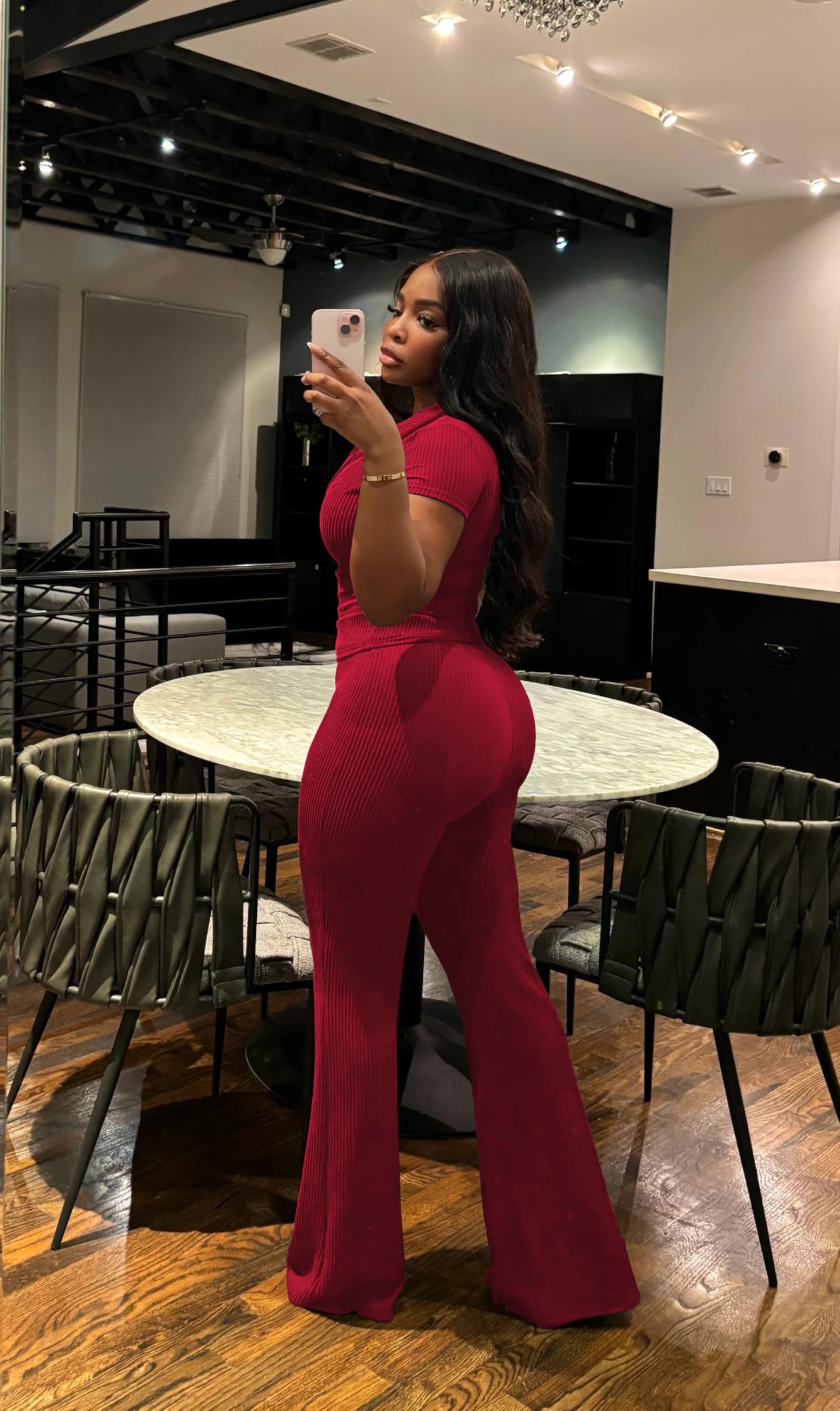 HBQ Women Two Piece Outfit Ribbed Short Sleeve V Neck Polo Top and Flare Pants Casual Lounge Sets Tracksuit